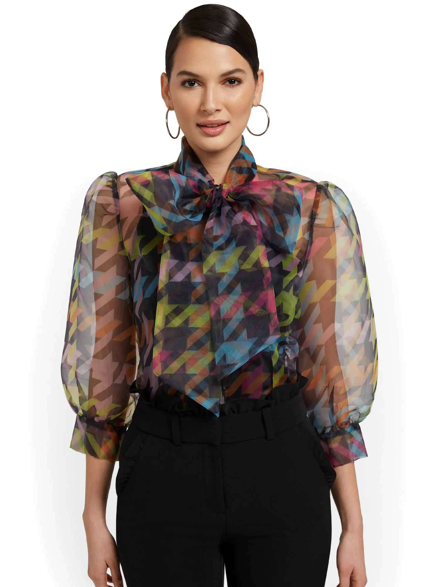 Houndstooth Organza Bow-Neck Blouse - Image 2