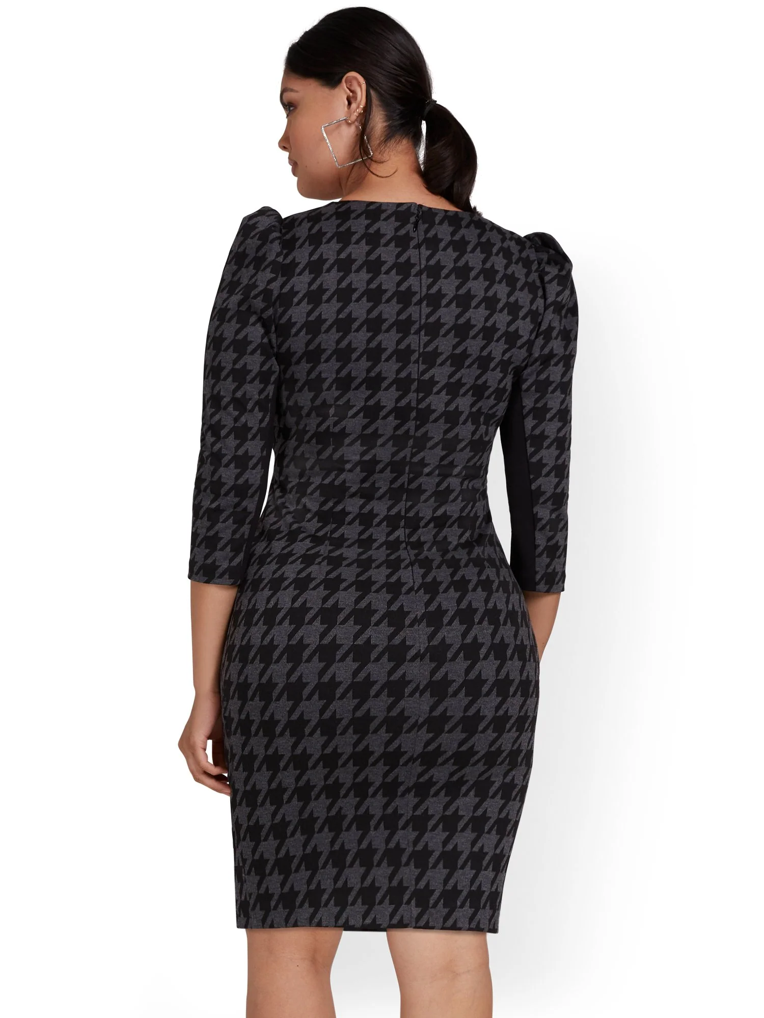 Houndstooth Puff-Sleeve Sheath Dress - Image 3