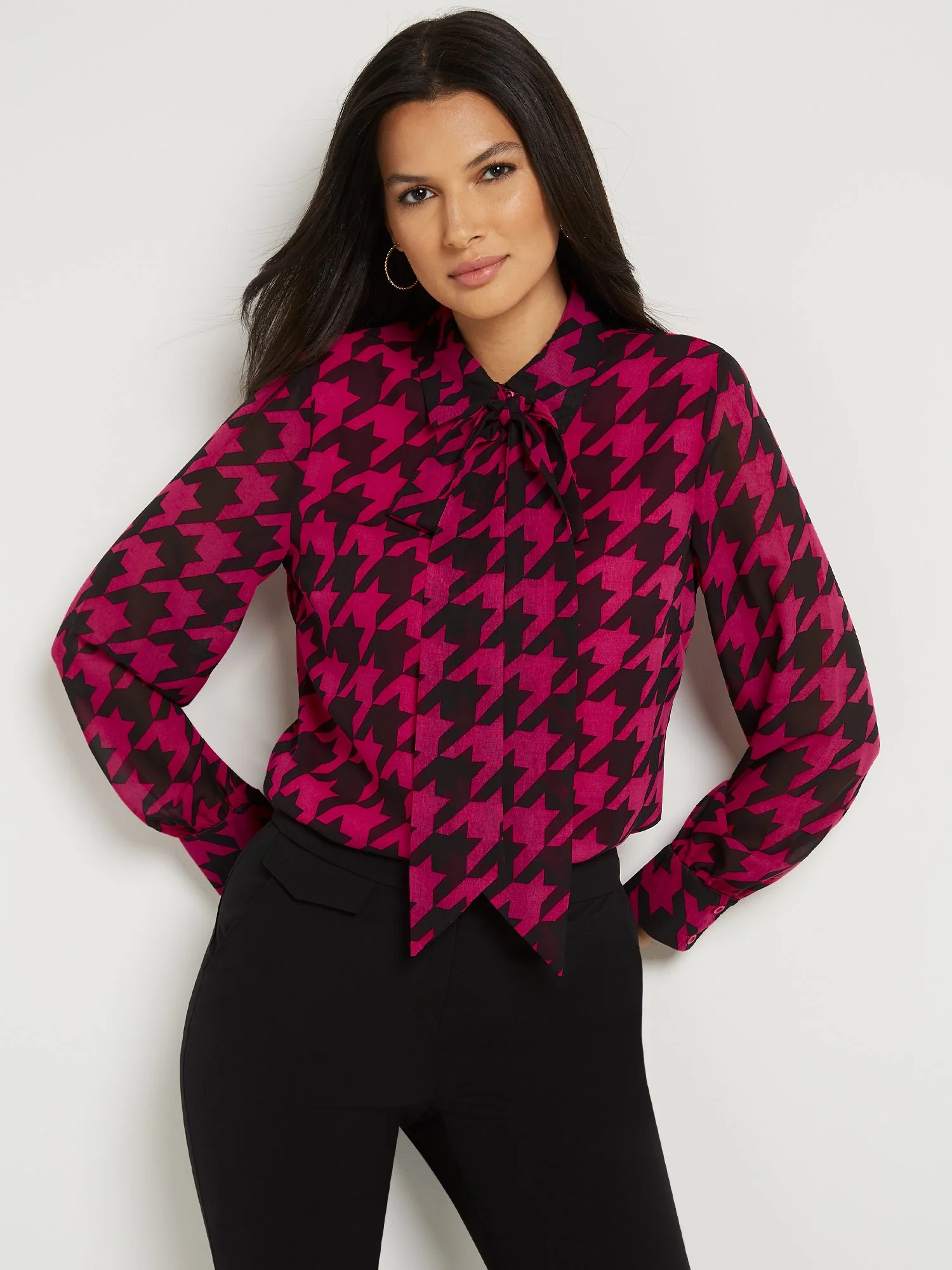 Houndstooth Tie-Neck Blouse