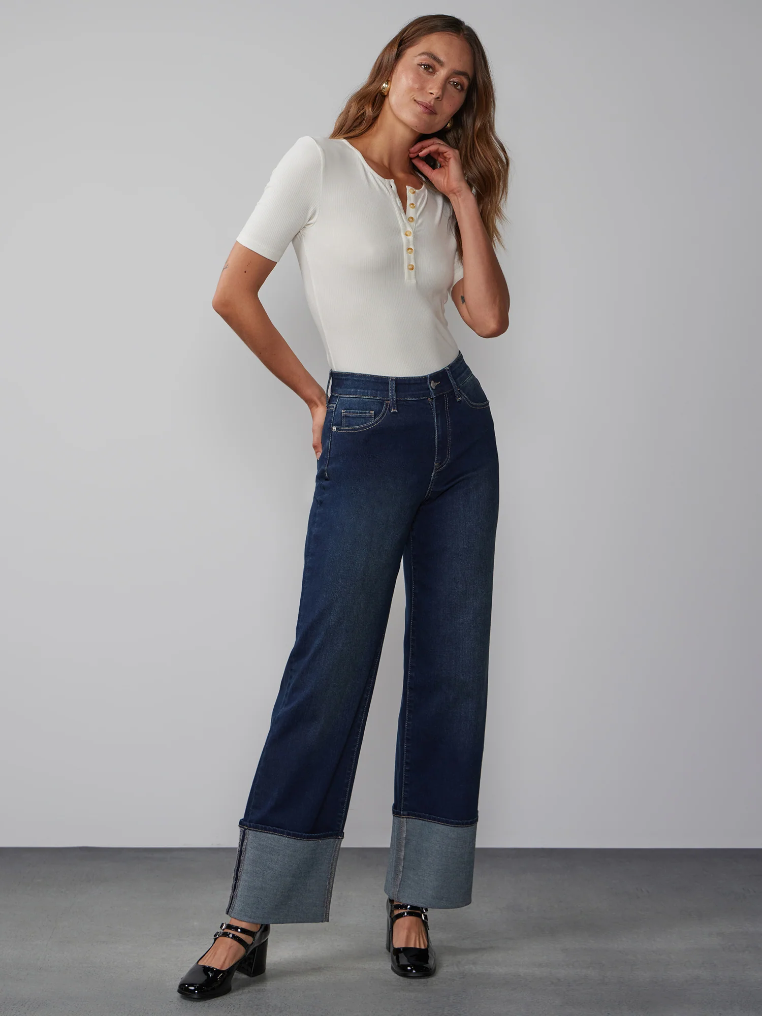 High Rise Cuffed Wide Leg Jeans