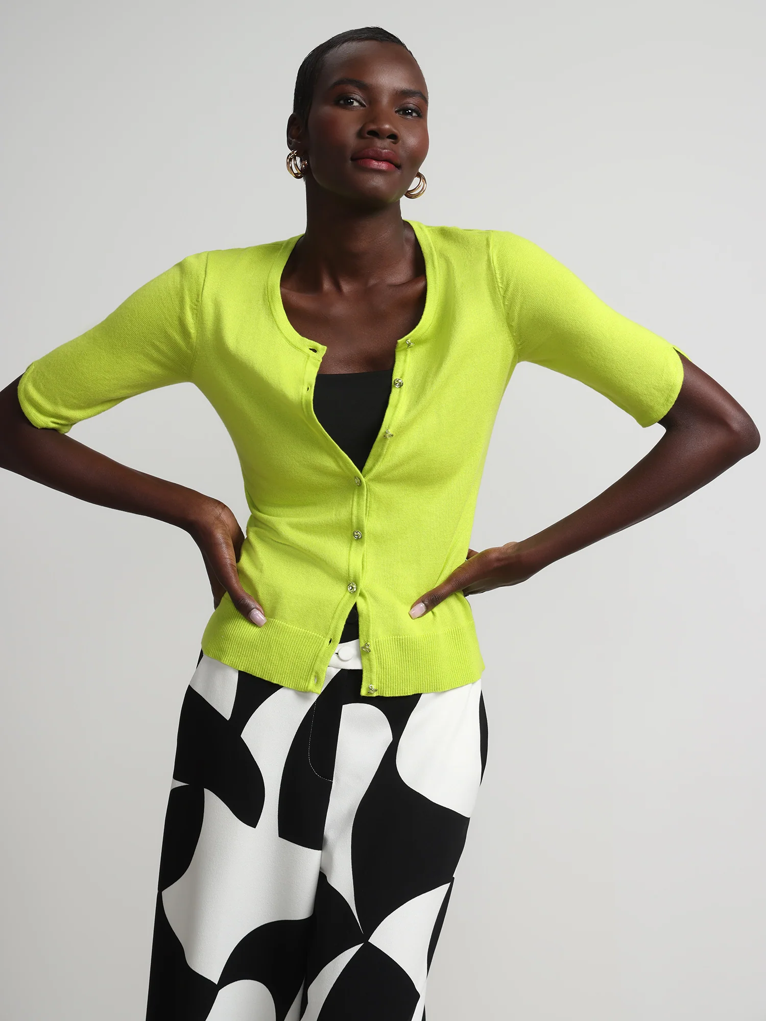 Jeweled-Button Chelsea Crewneck Cardigan - Image 22