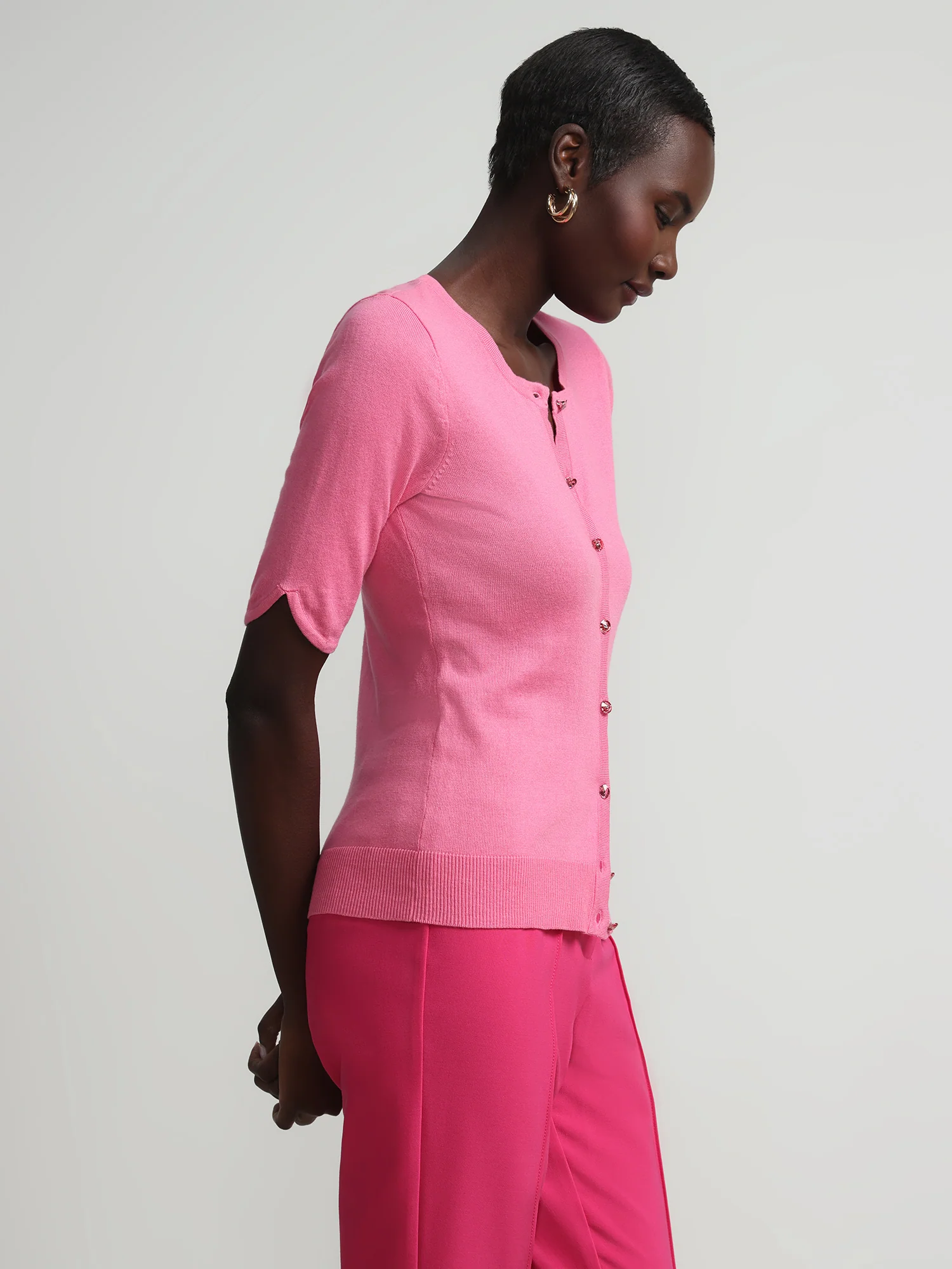 Jeweled-Button Chelsea Crewneck Cardigan - Image 38