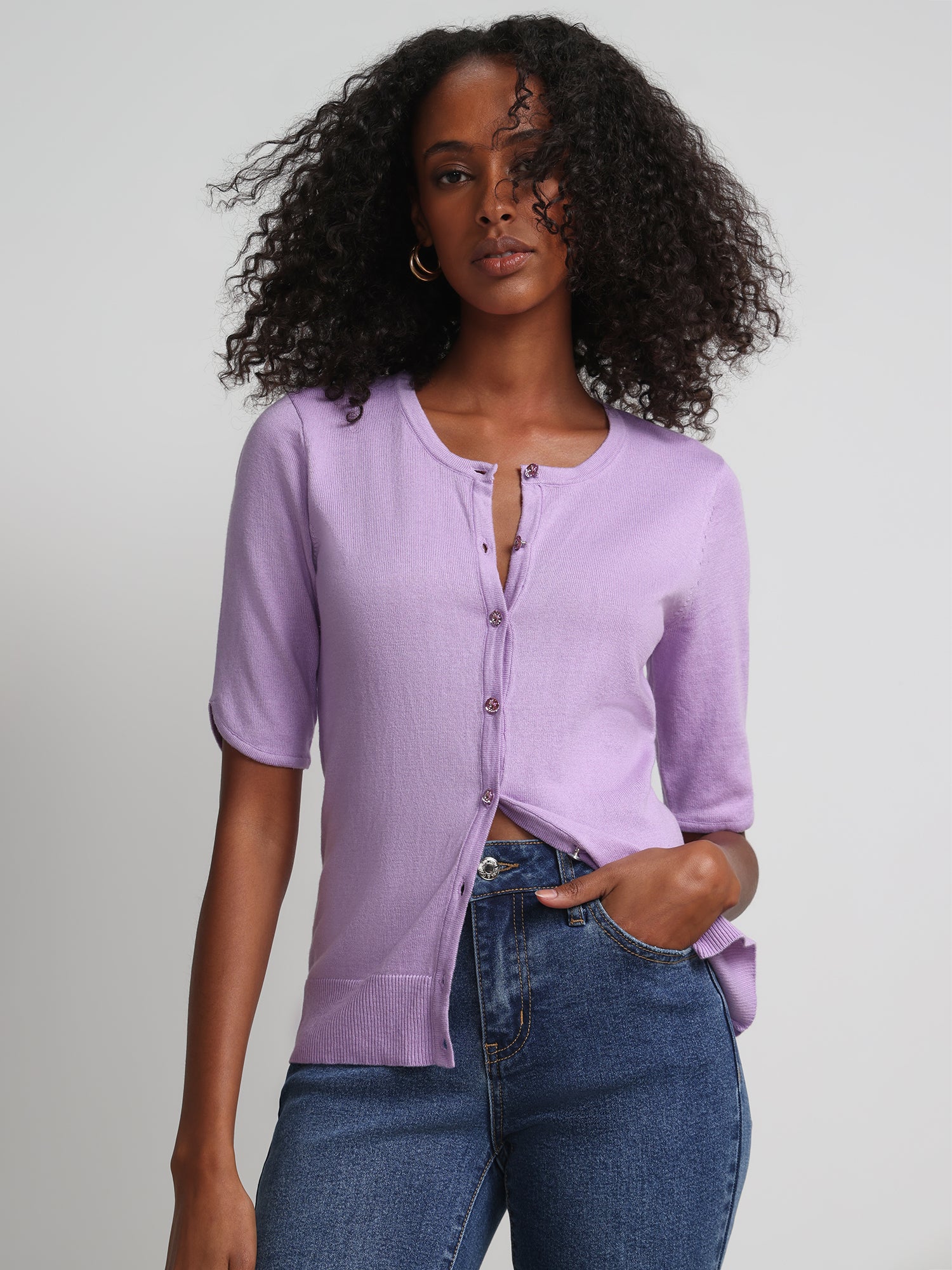 Jeweled-Button Chelsea Crewneck Cardigan - Image 42