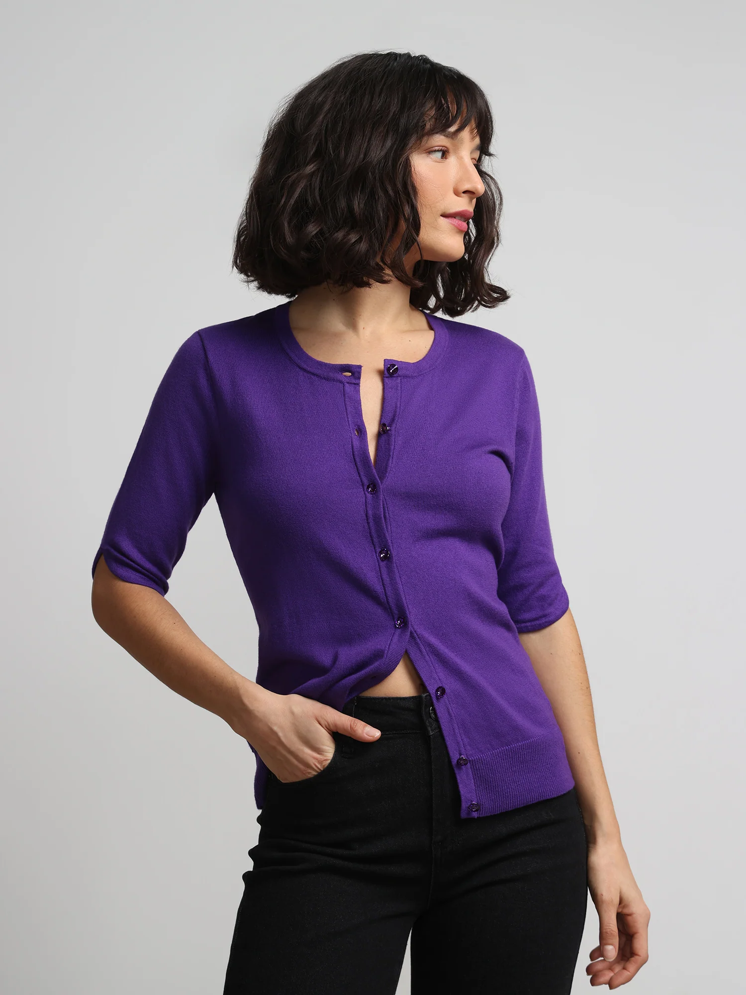 Jeweled-Button Chelsea Crewneck Cardigan - Image 47
