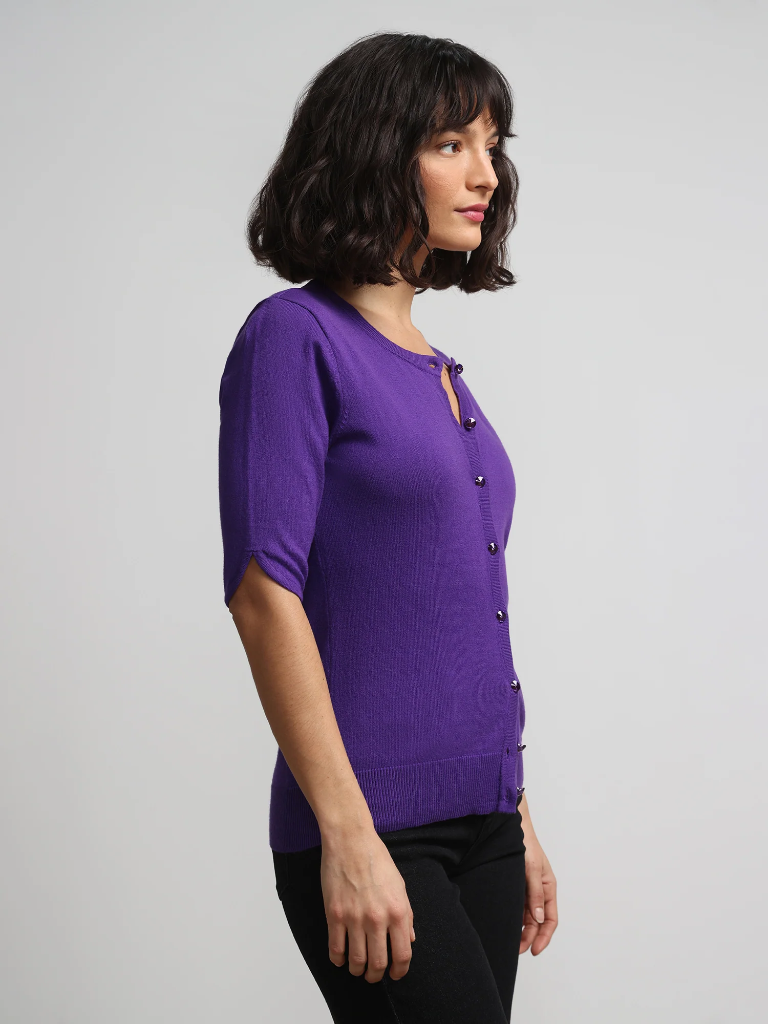 Jeweled-Button Chelsea Crewneck Cardigan - Image 48