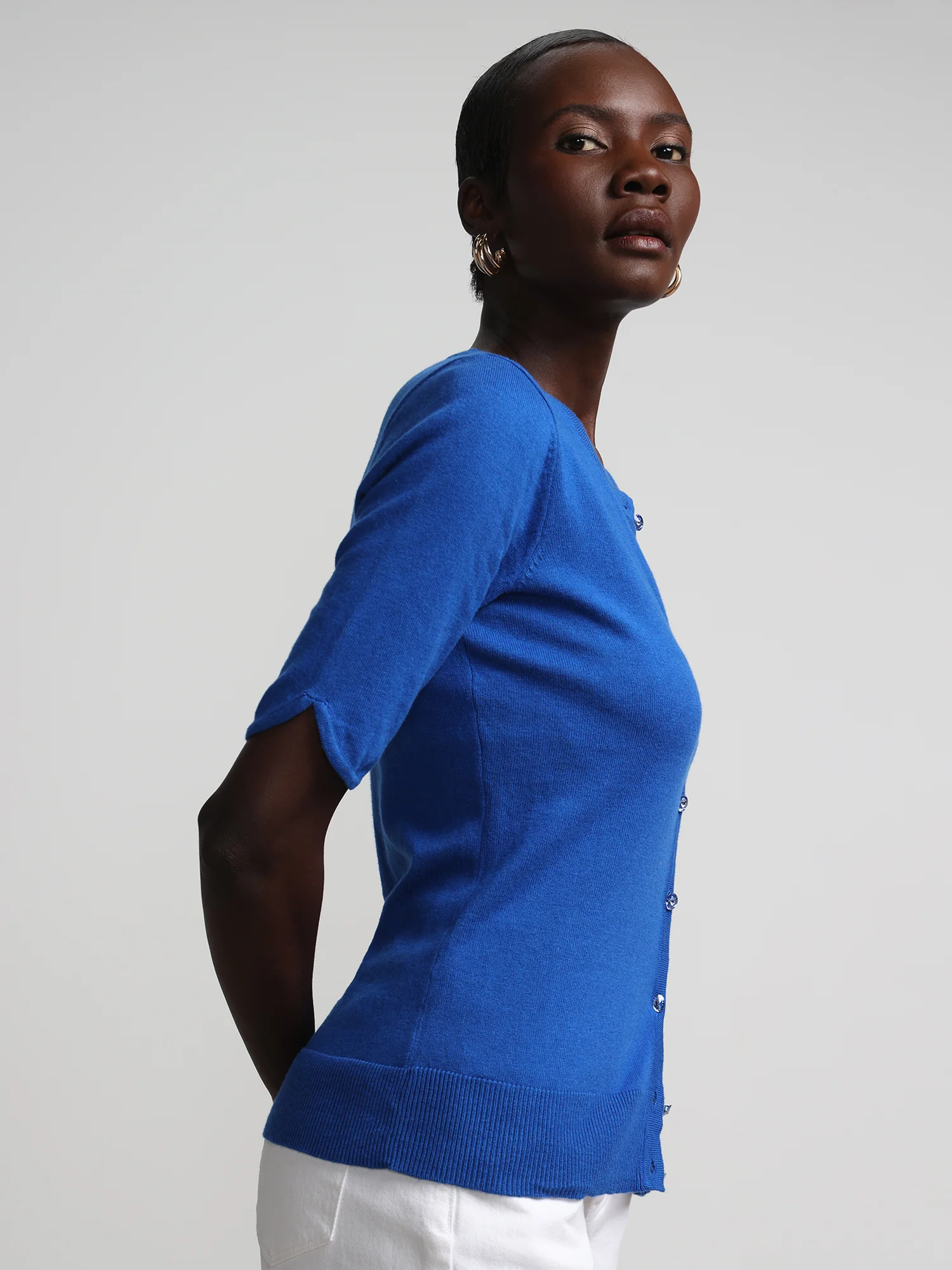 Jeweled-Button Chelsea Crewneck Cardigan - Image 57