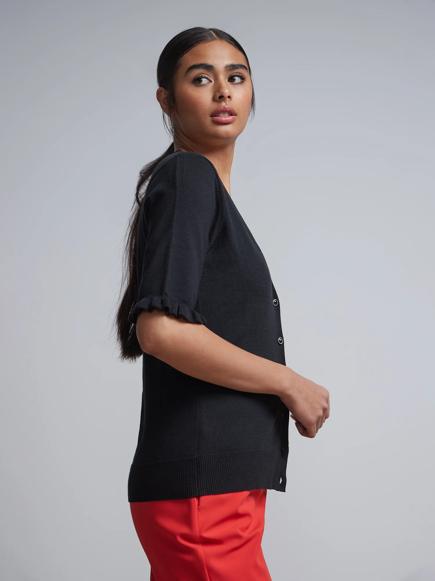 Jeweled-Button Ruffle-Sleeve Chelsea V-Neck Cardigan - Image 2