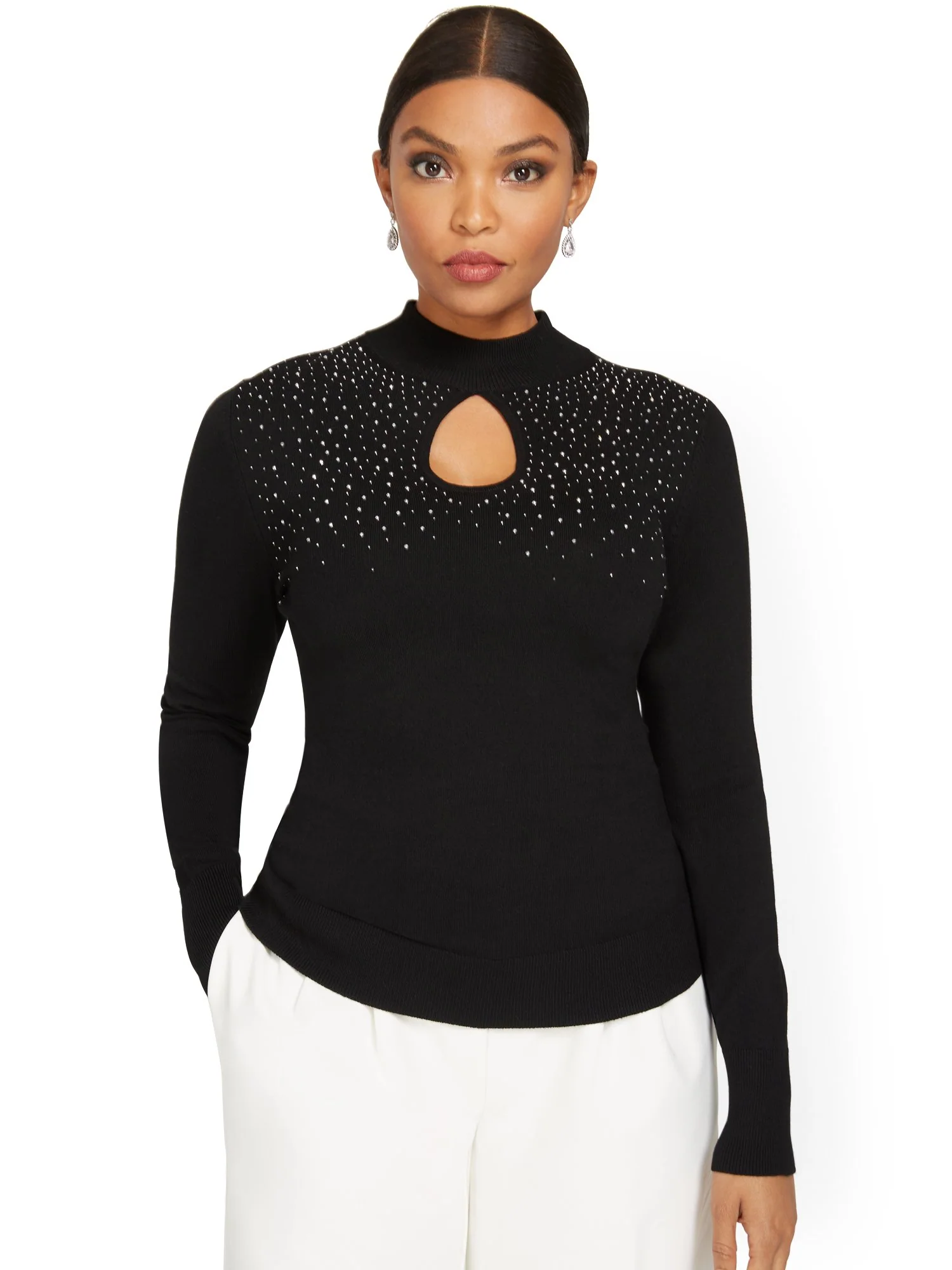 Jeweled Keyhole-Cutout Pullover Sweater - Image 2