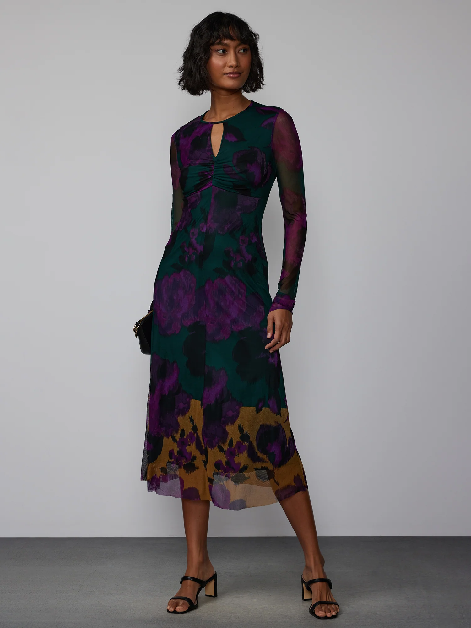Long Sleeve Watercolor Floral Mesh Dress