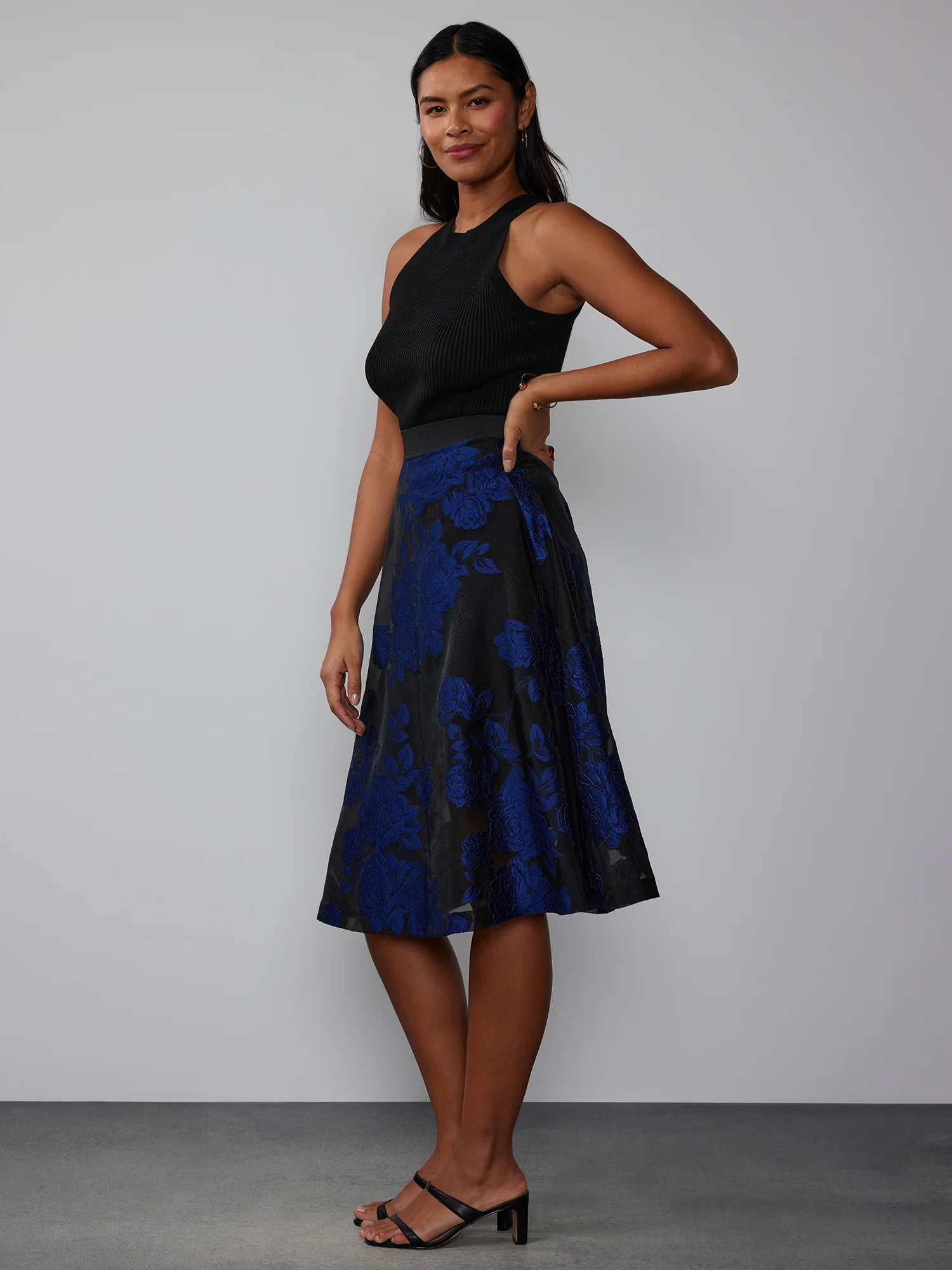 Navy Black Brocade Floral Midi Skirt - Image 2