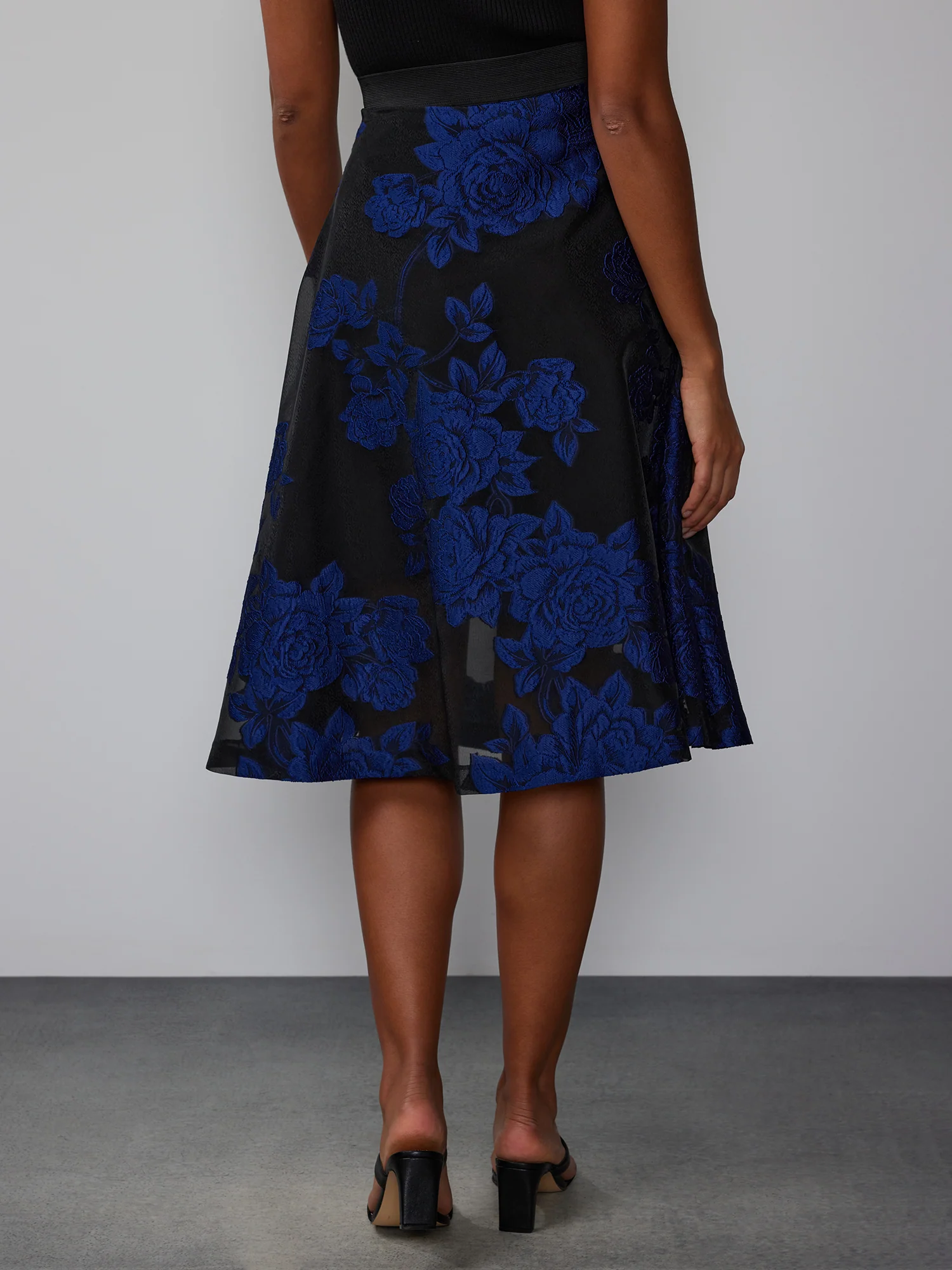 Navy Black Brocade Floral Midi Skirt - Image 3