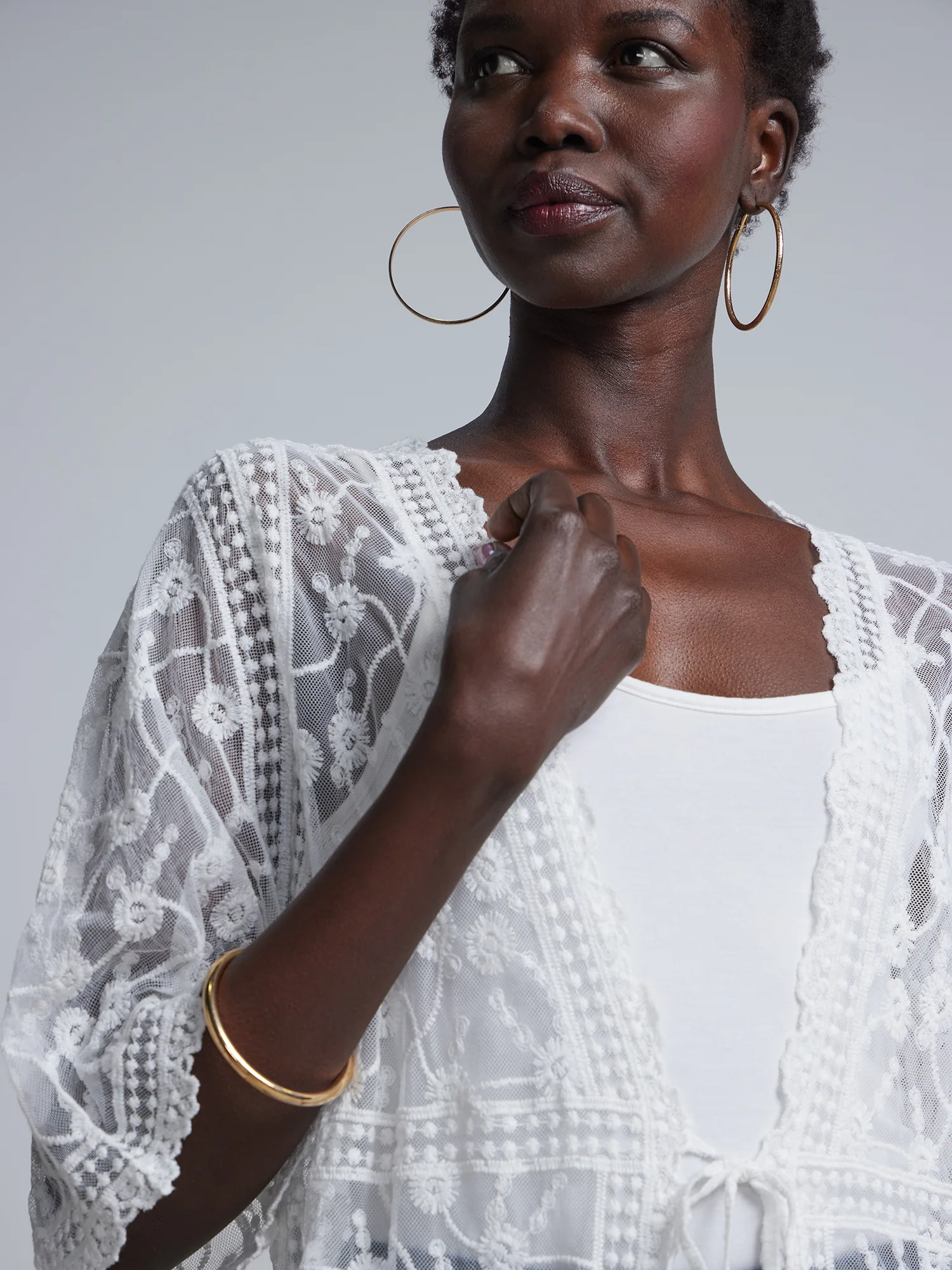 Lace-Embroidered Tie-Front Kimono - Image 4