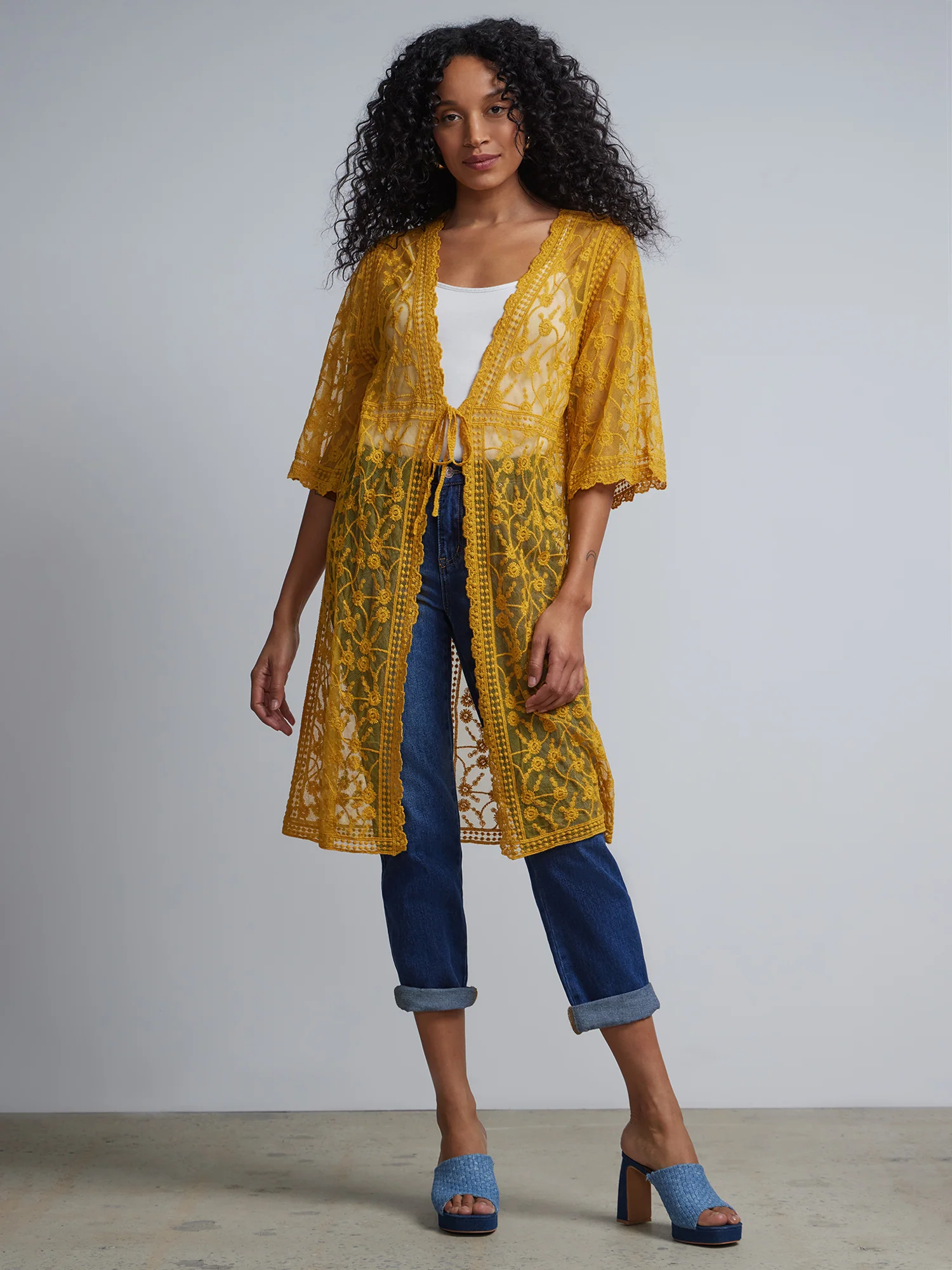 Lace-Embroidered Tie-Front Kimono - Image 6