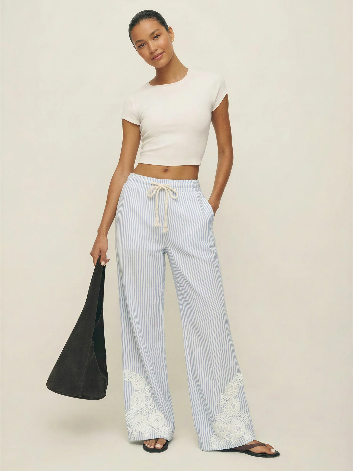 Lace Hem Stripe Elastic Drawstring Pant