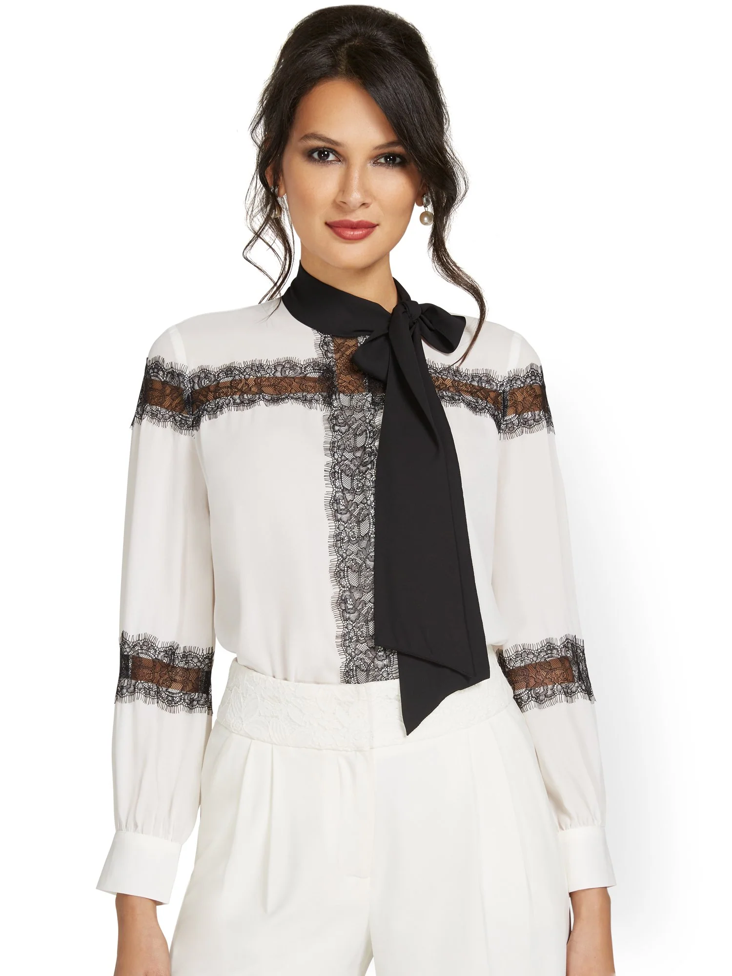 Lace-Inset Tie-Neck Blouse - Image 2