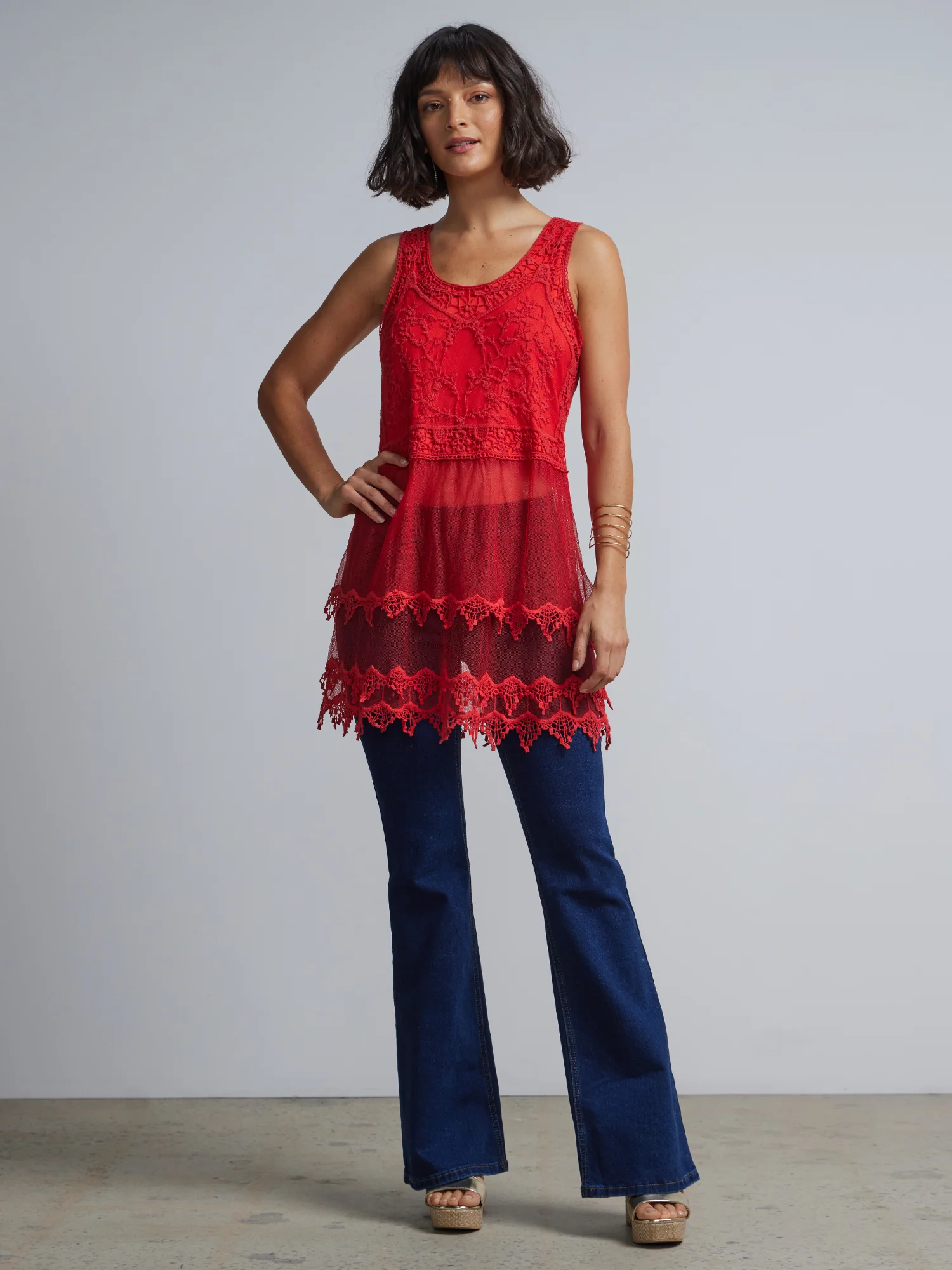 Lace-Mesh Sleeveless Tunic Top