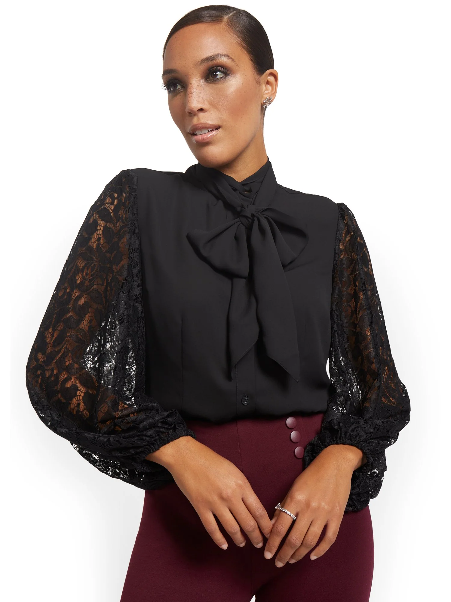 Lace Statement Sleeve Tie-Front Blouse