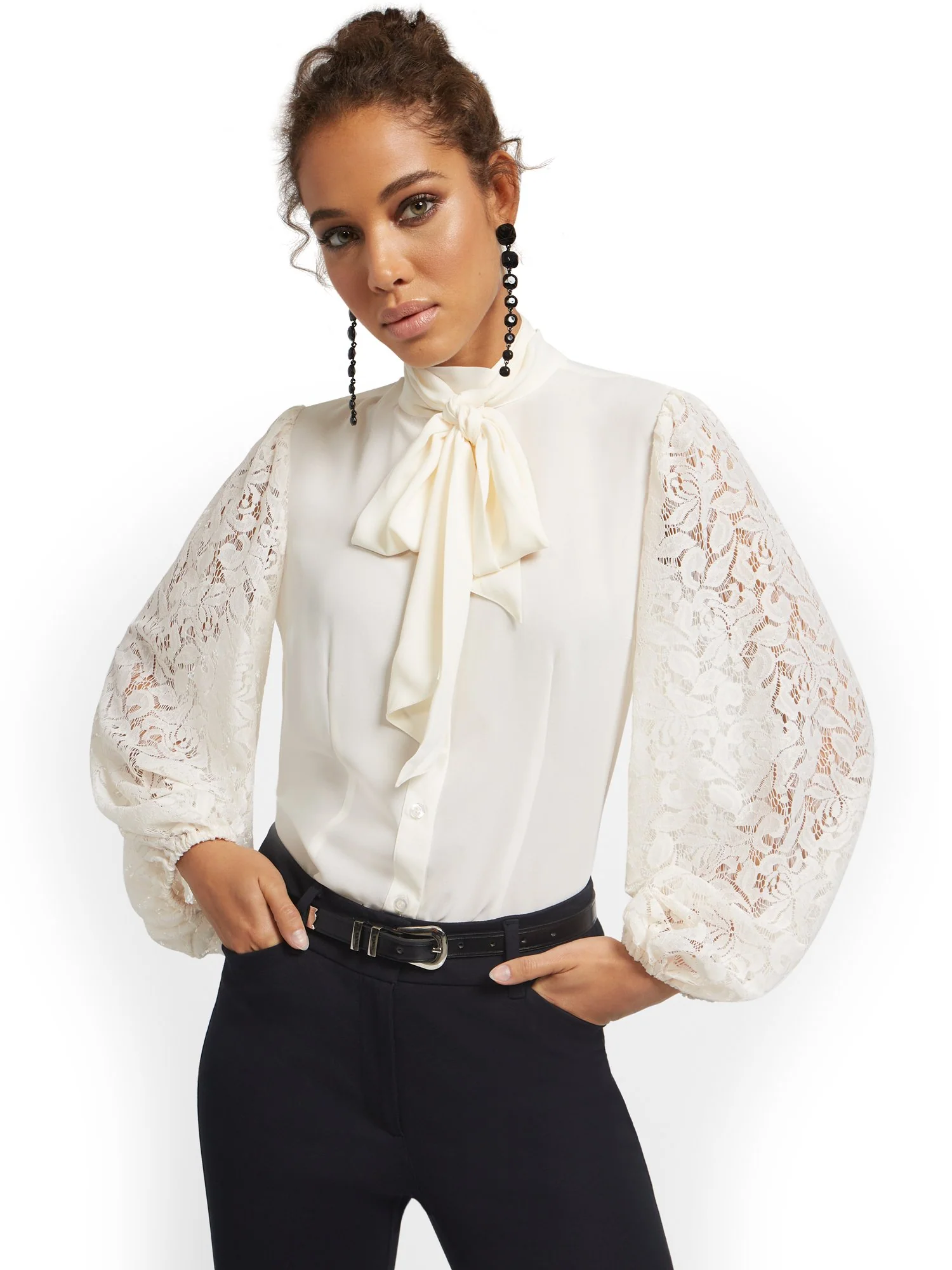 Lace Statement Sleeve Tie-Front Blouse - Image 6