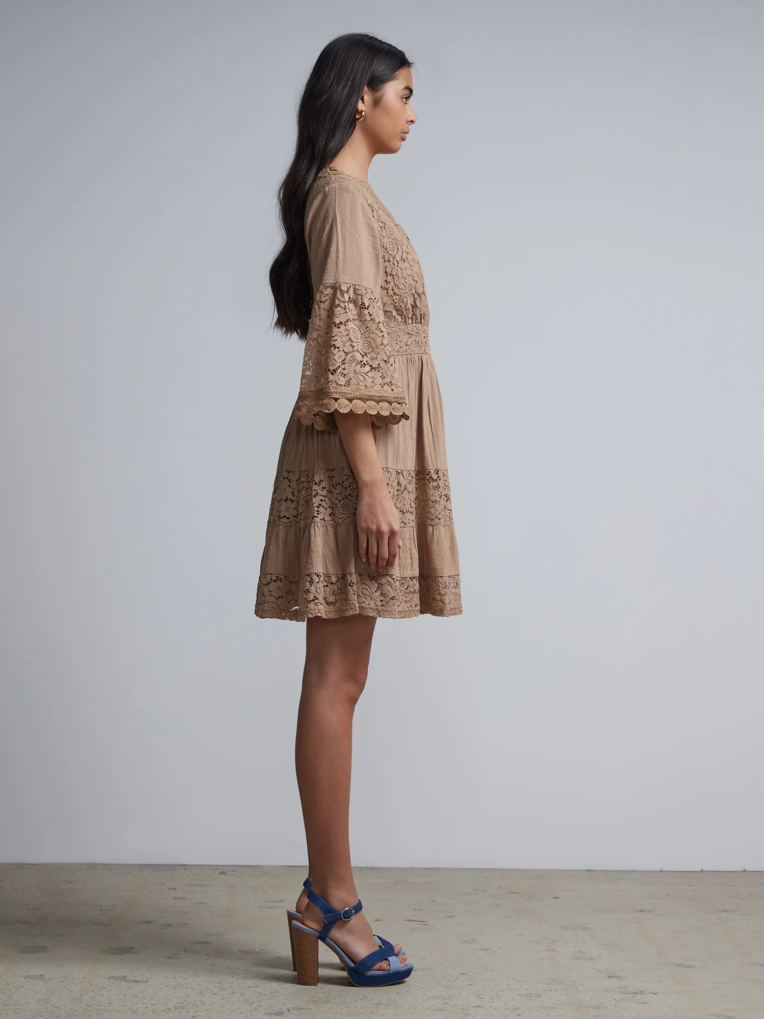 Lace-Trim Bell-Sleeve Flare Dress - Image 2