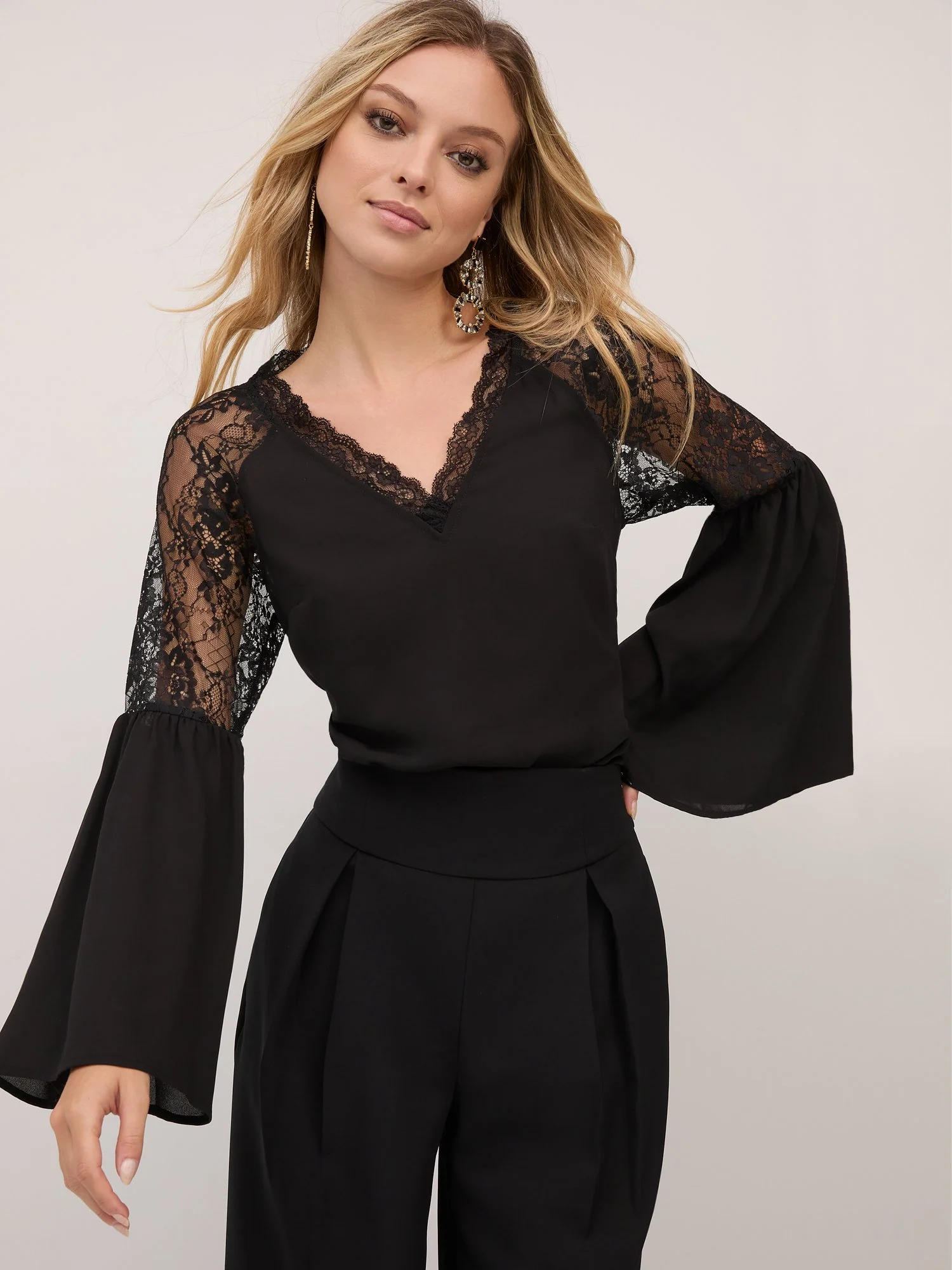 Lace-Trim Bell-Sleeve Top - Image 2