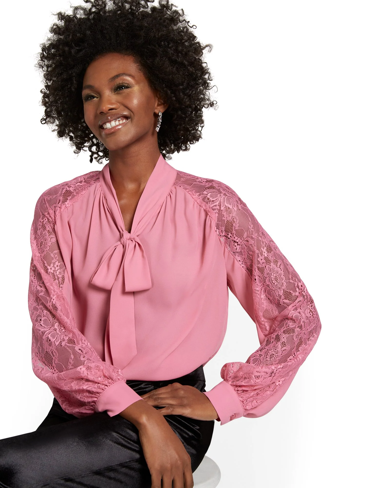 Lace-Trim Bow-Front Blouse