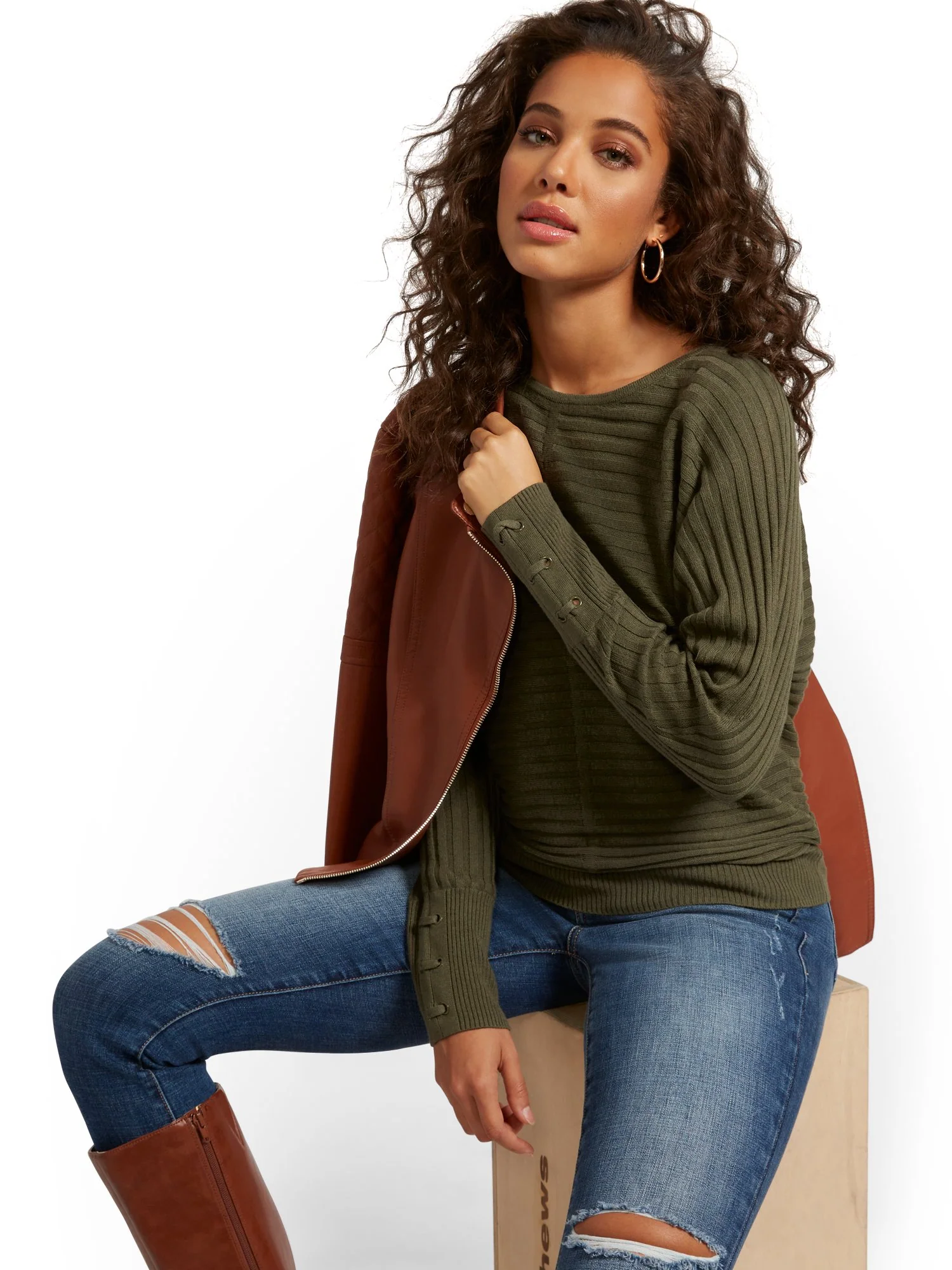 Lace-Up Cuff Dolman Sweater - Image 14