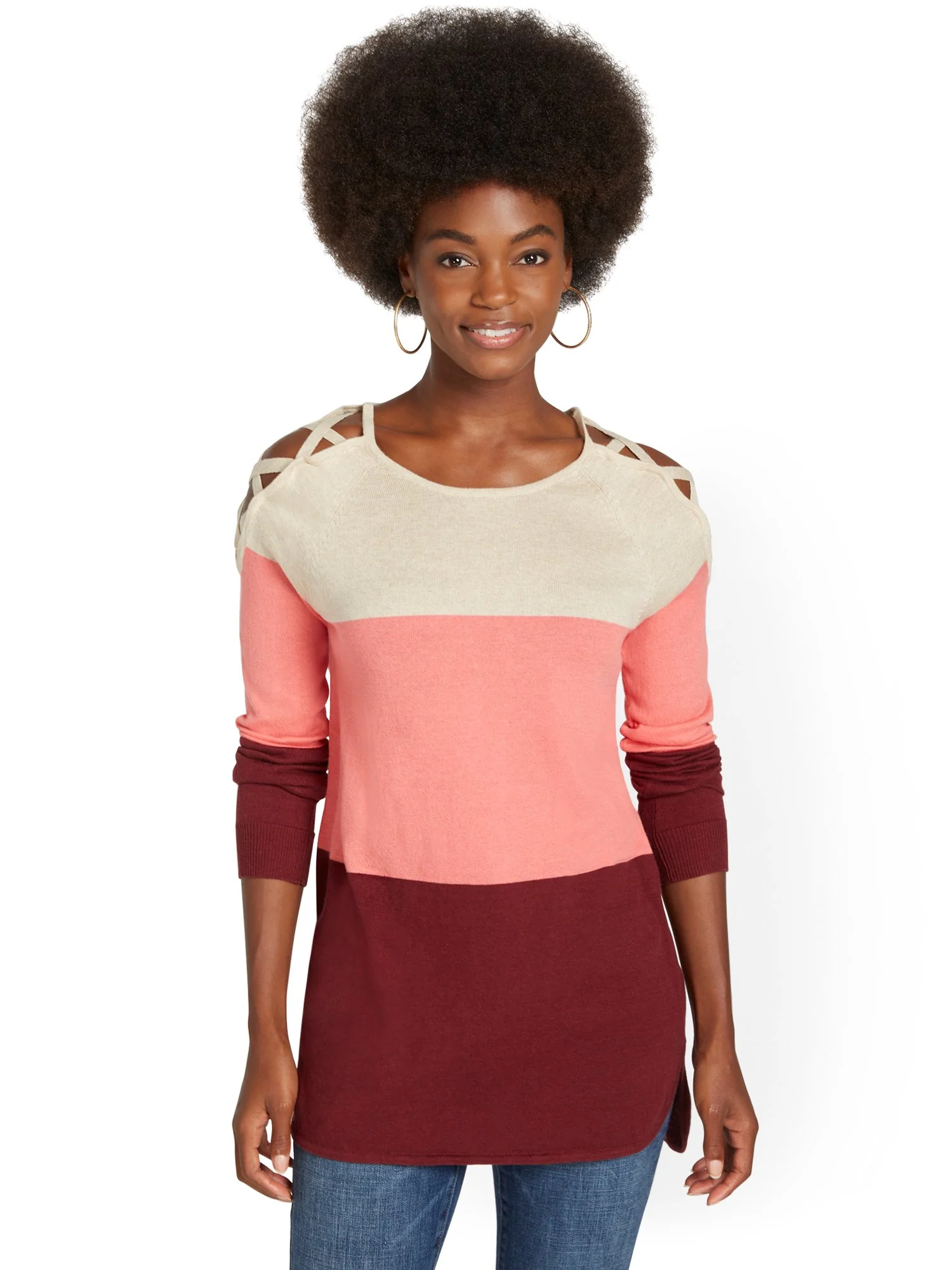 Lace-Up Shoulder Colorblock Sweater - Image 5