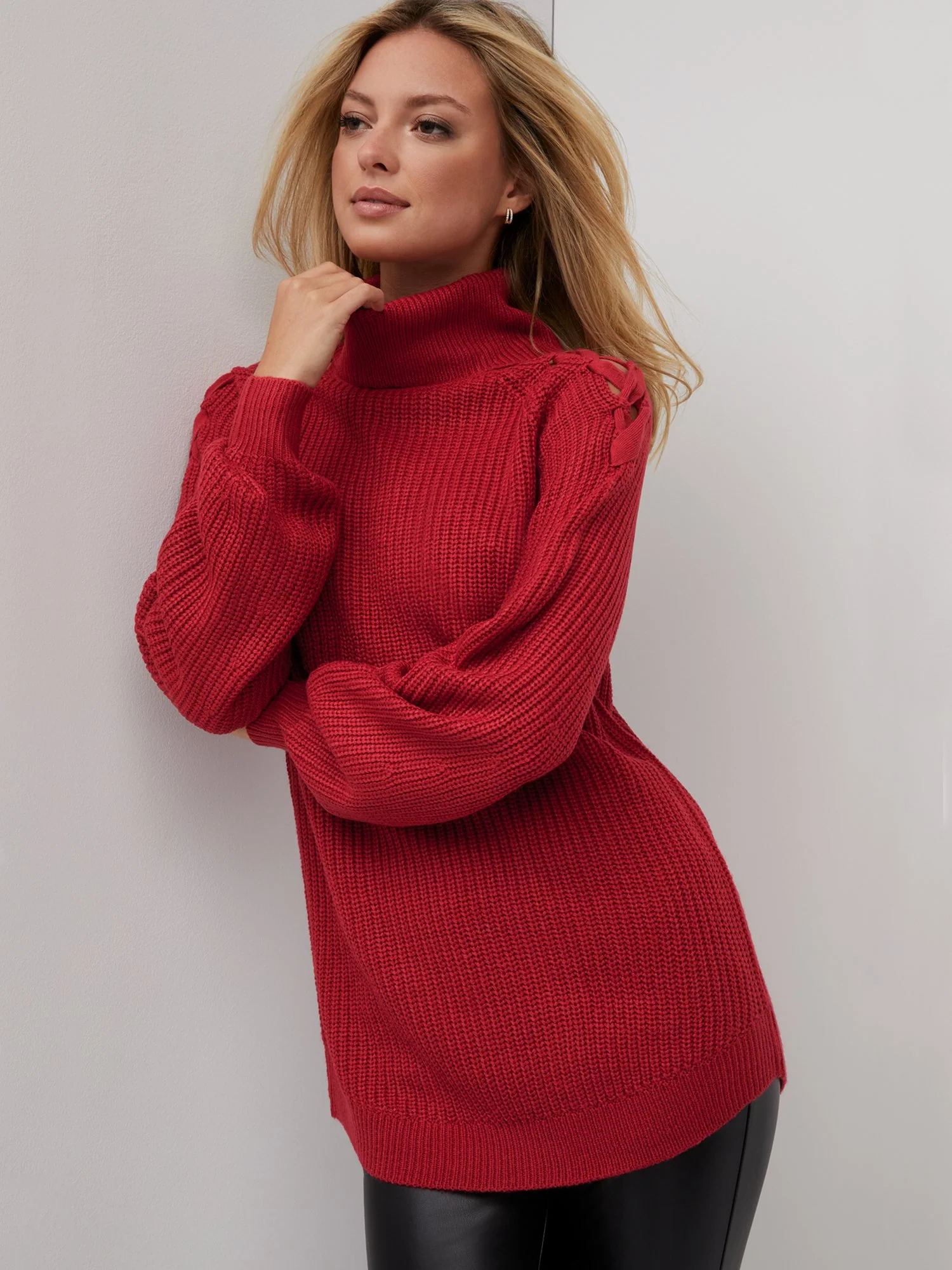 Lattice-Shoulder Turtleneck Tunic Sweater - Image 18