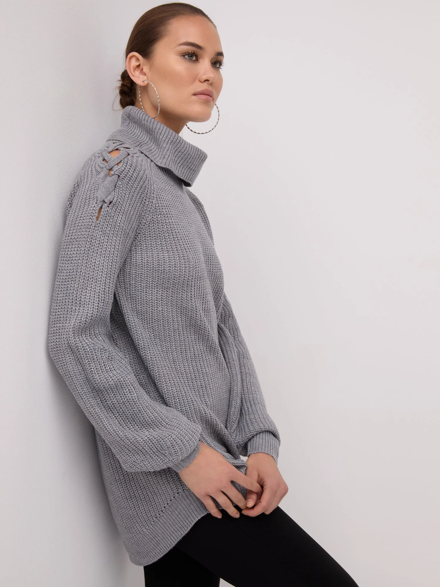 Lattice-Shoulder Turtleneck Tunic Sweater - Image 8