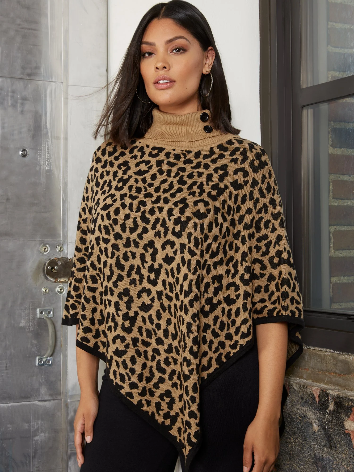 Leopard-Print Cable-Knit Button-Detail Cape - Image 2