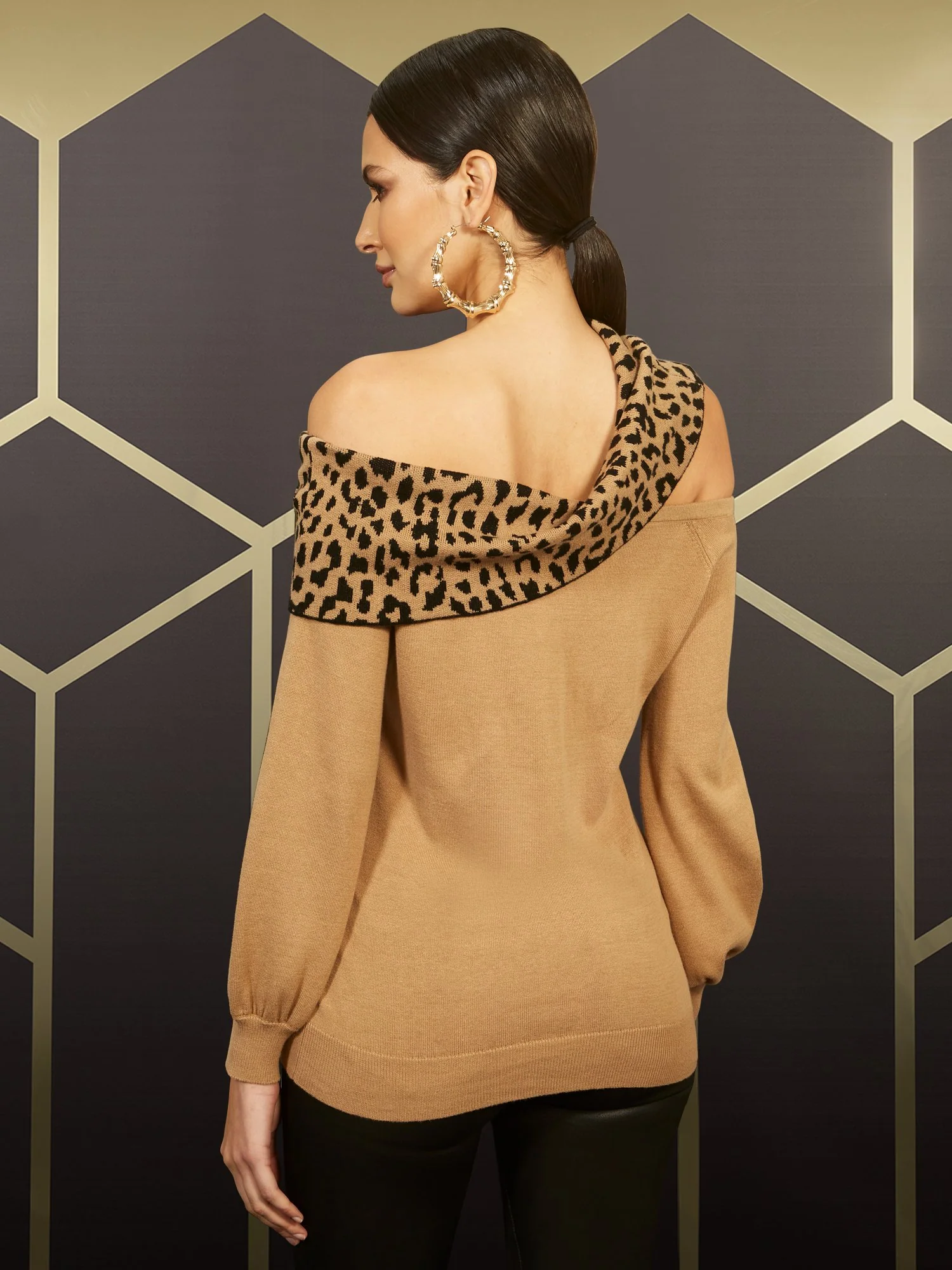 Leopard-Print Cold-Shoulder Cowl-Neck Sweater - Image 3