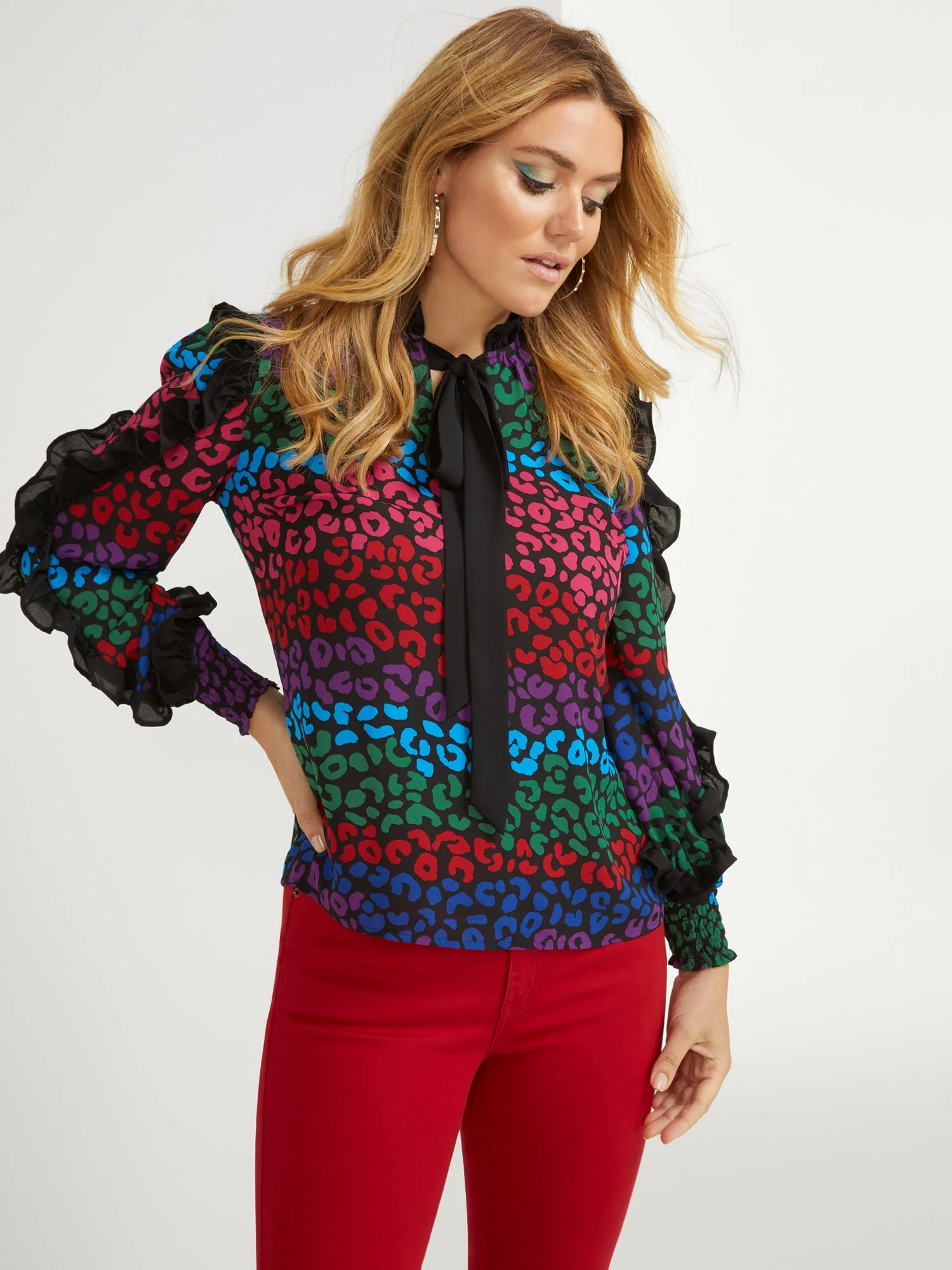 Leopard-Print Ruffle-Sleeve Blouse