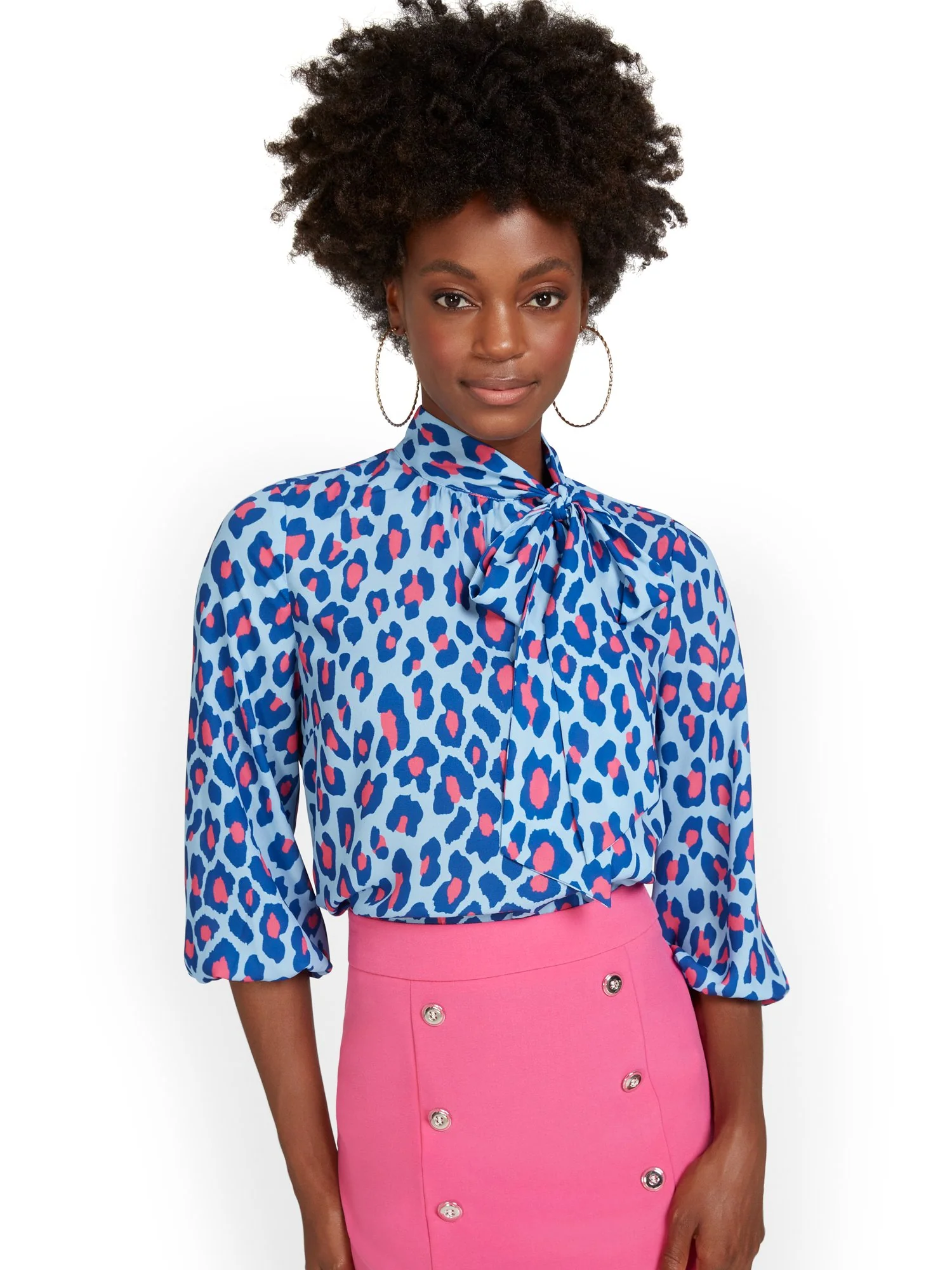 Leopard-Print Side-Button Bow Blouse - Image 5
