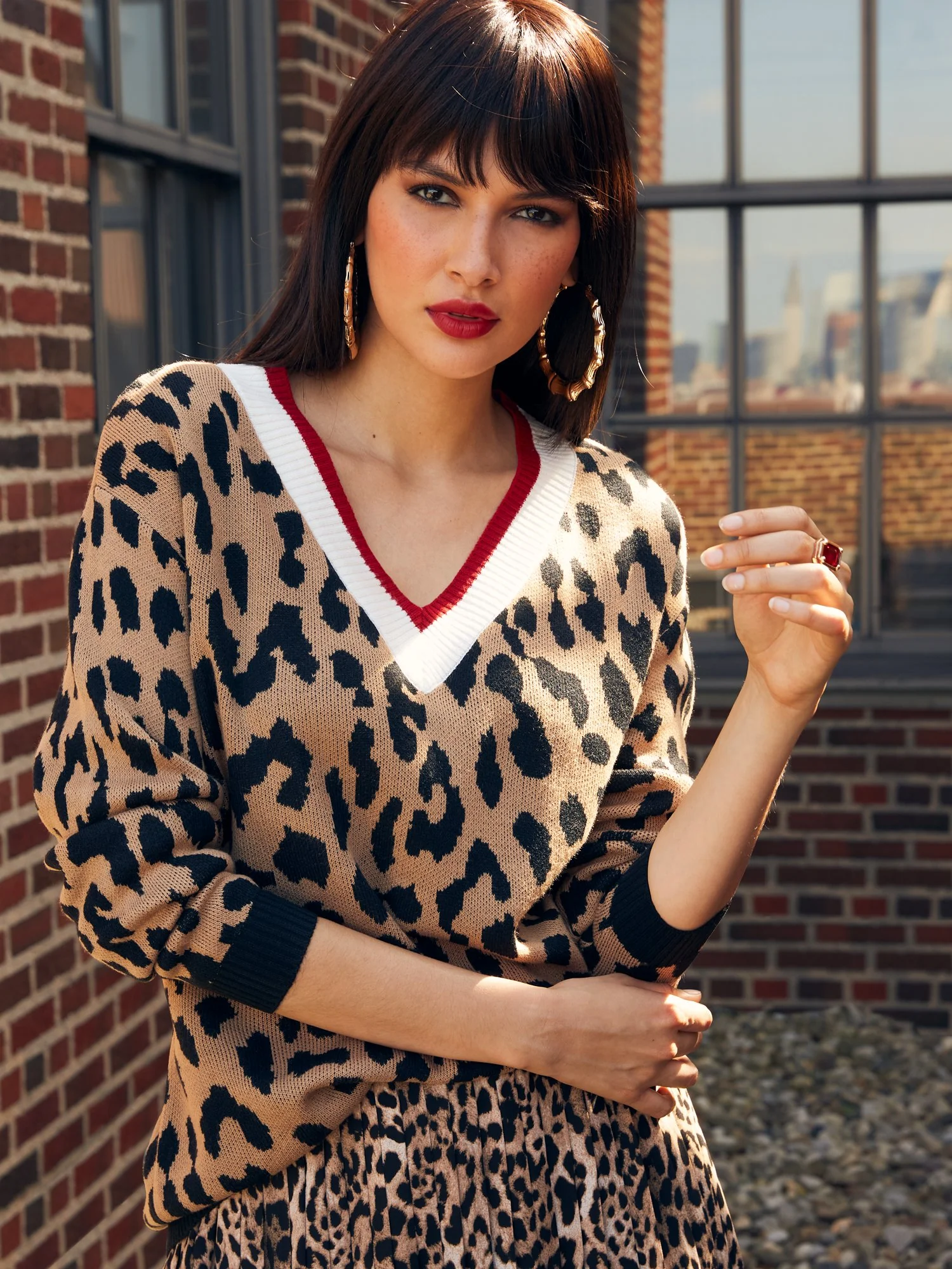 Leopard-Print V-Neck Pullover Sweater - Image 2