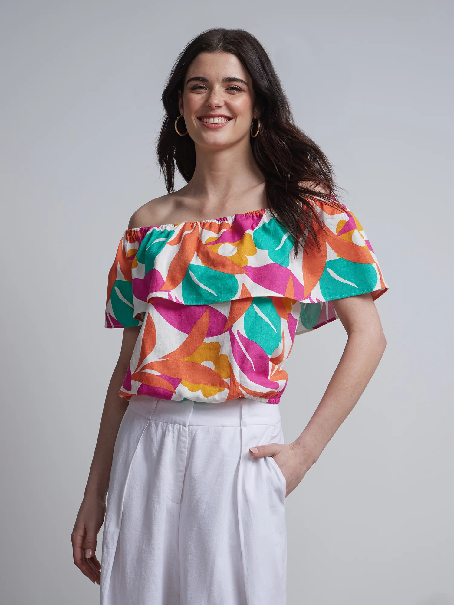 Linen-Blend Abstract-Print Off-The-Shoulder Top