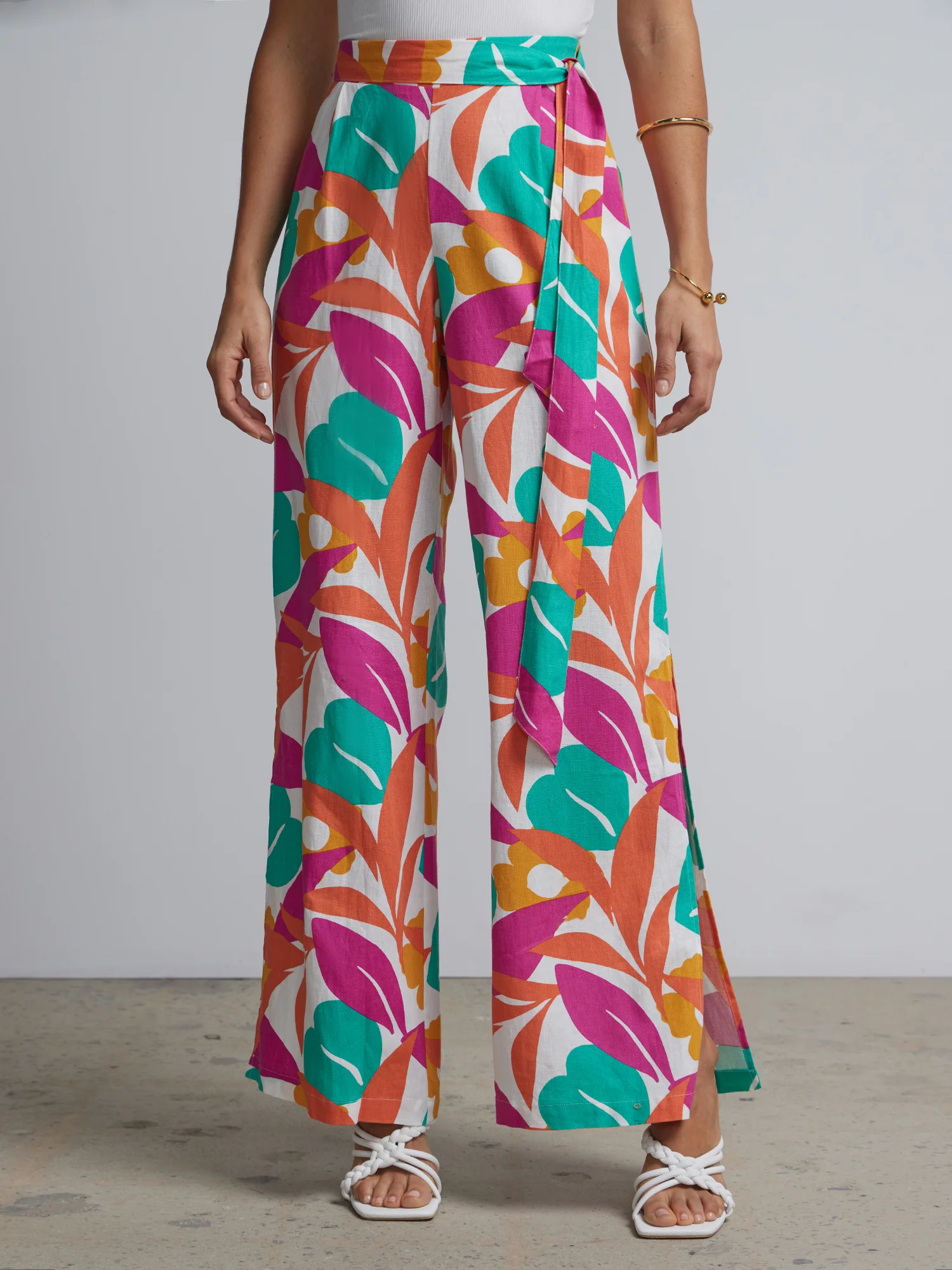 Linen-Blend Abstract-Print Wide-Leg Pant