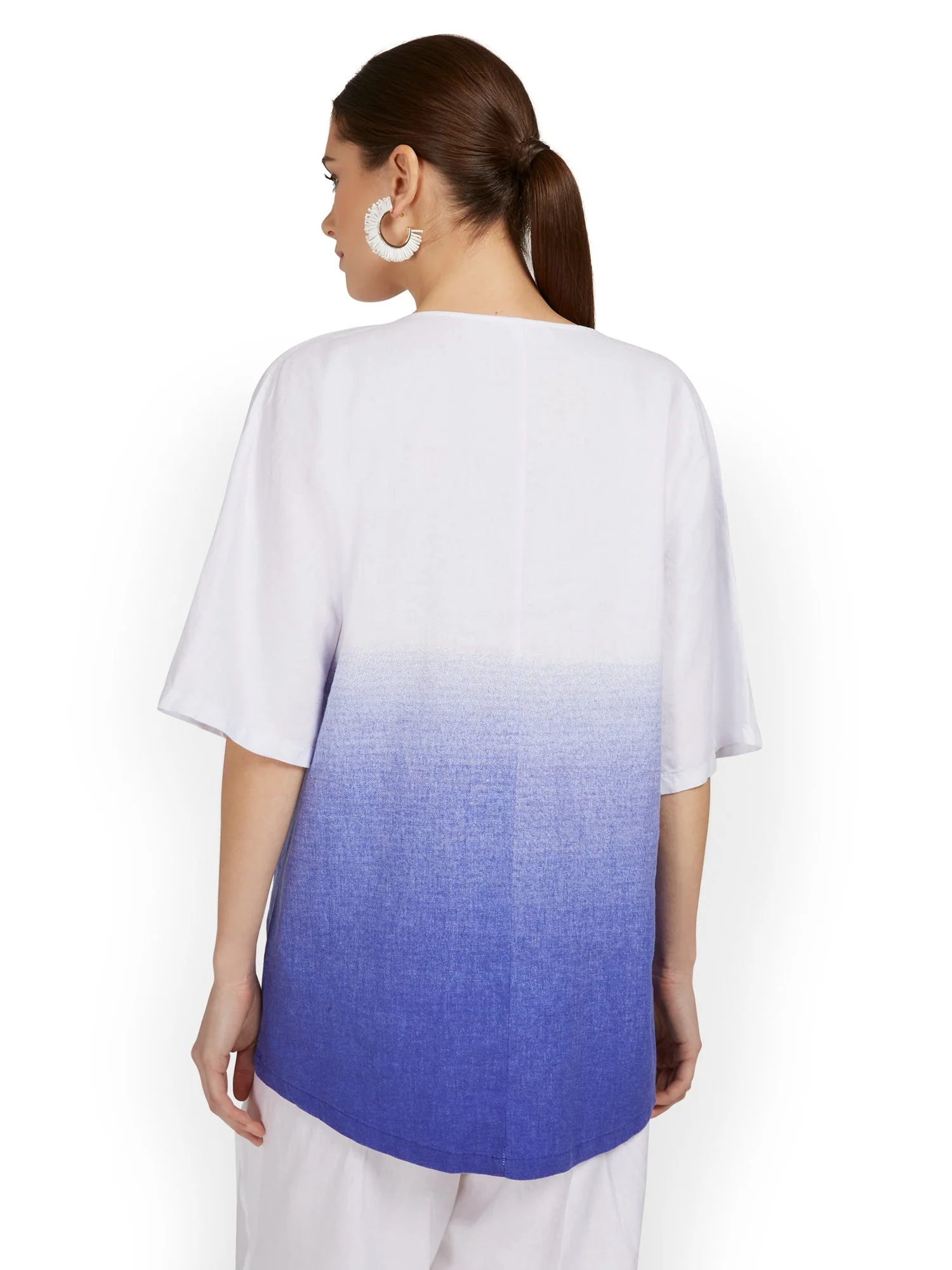 Linen-Blend Blue Wash Overlap Tunic Top - Image 3
