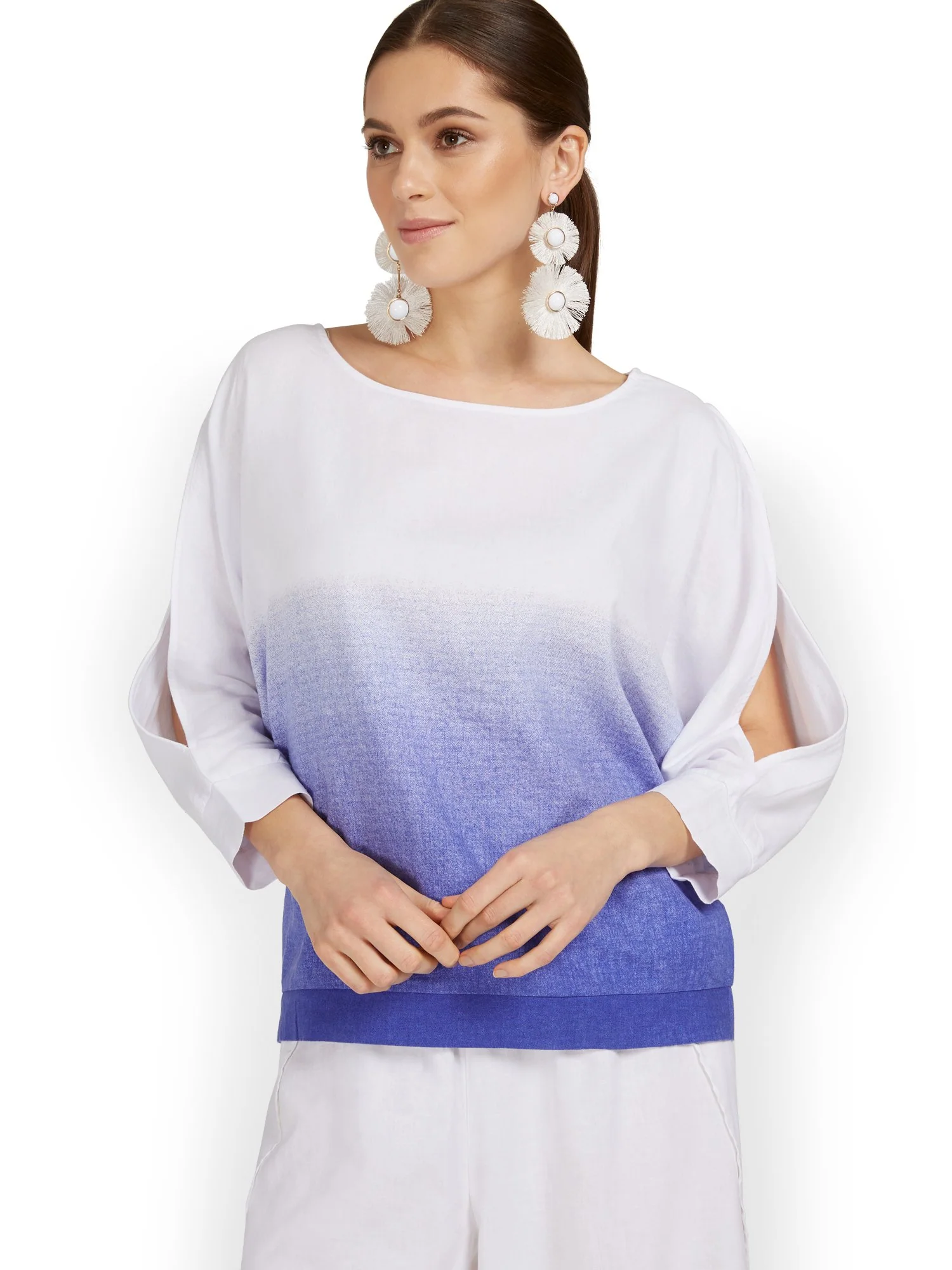 Linen-Blend Blue Wash Slit-Sleeve Top - Image 2