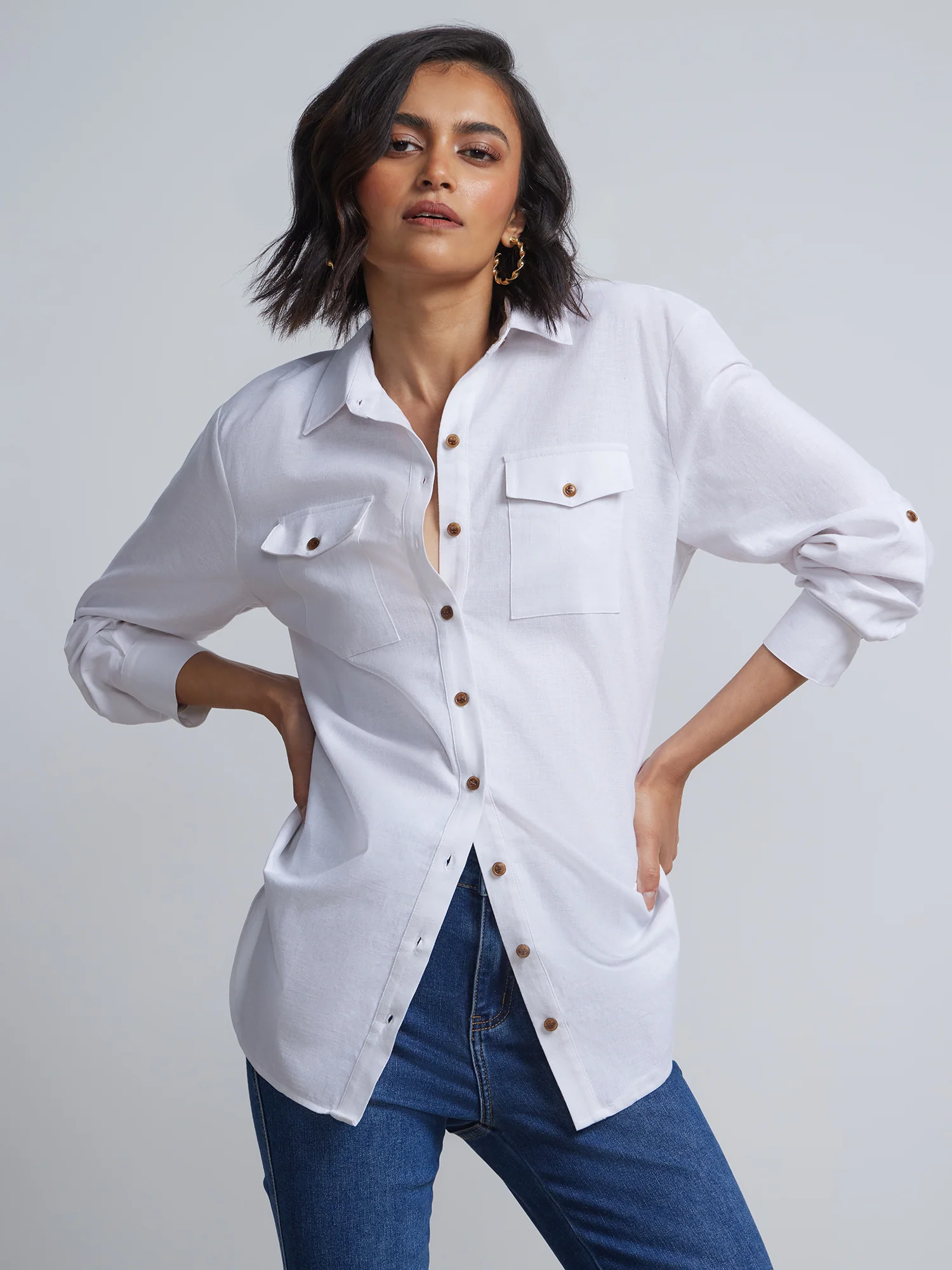 Linen-Blend Boyfriend Button-Front - NY&C Madison Shirt®
