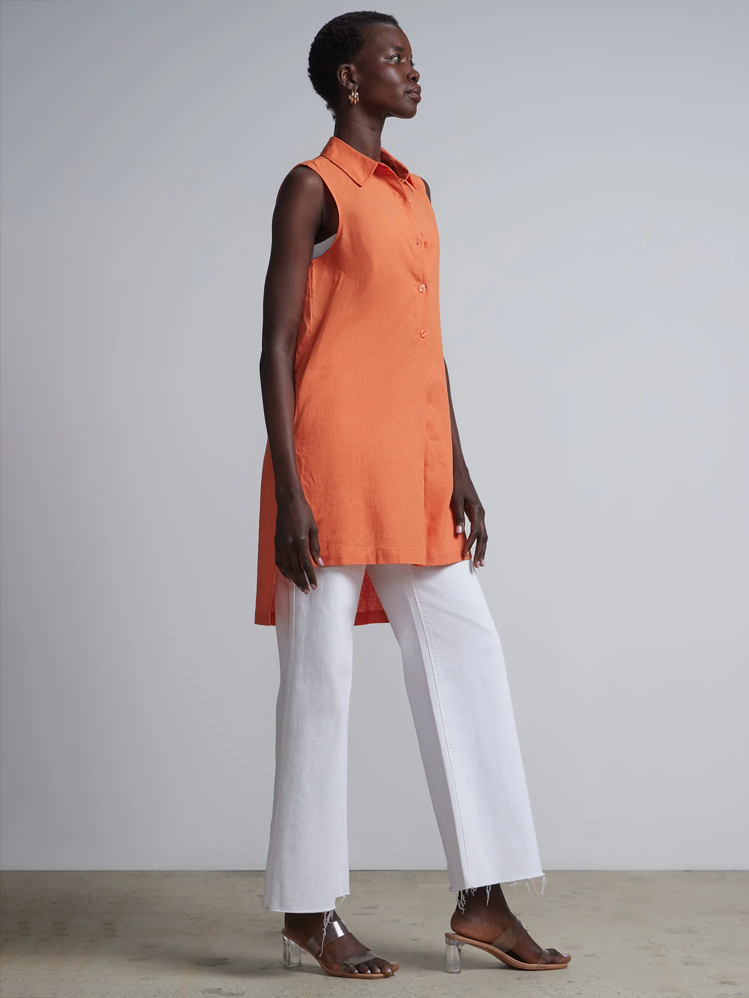 Linen-Blend Button-Front Slit-Side Tunic Top - Image 13