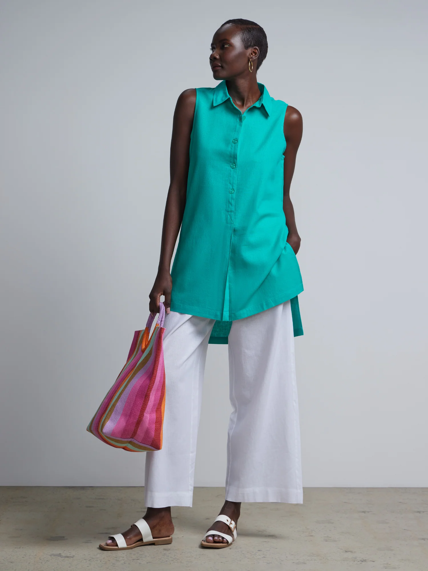 Linen-Blend Button-Front Slit-Side Tunic Top - Image 7
