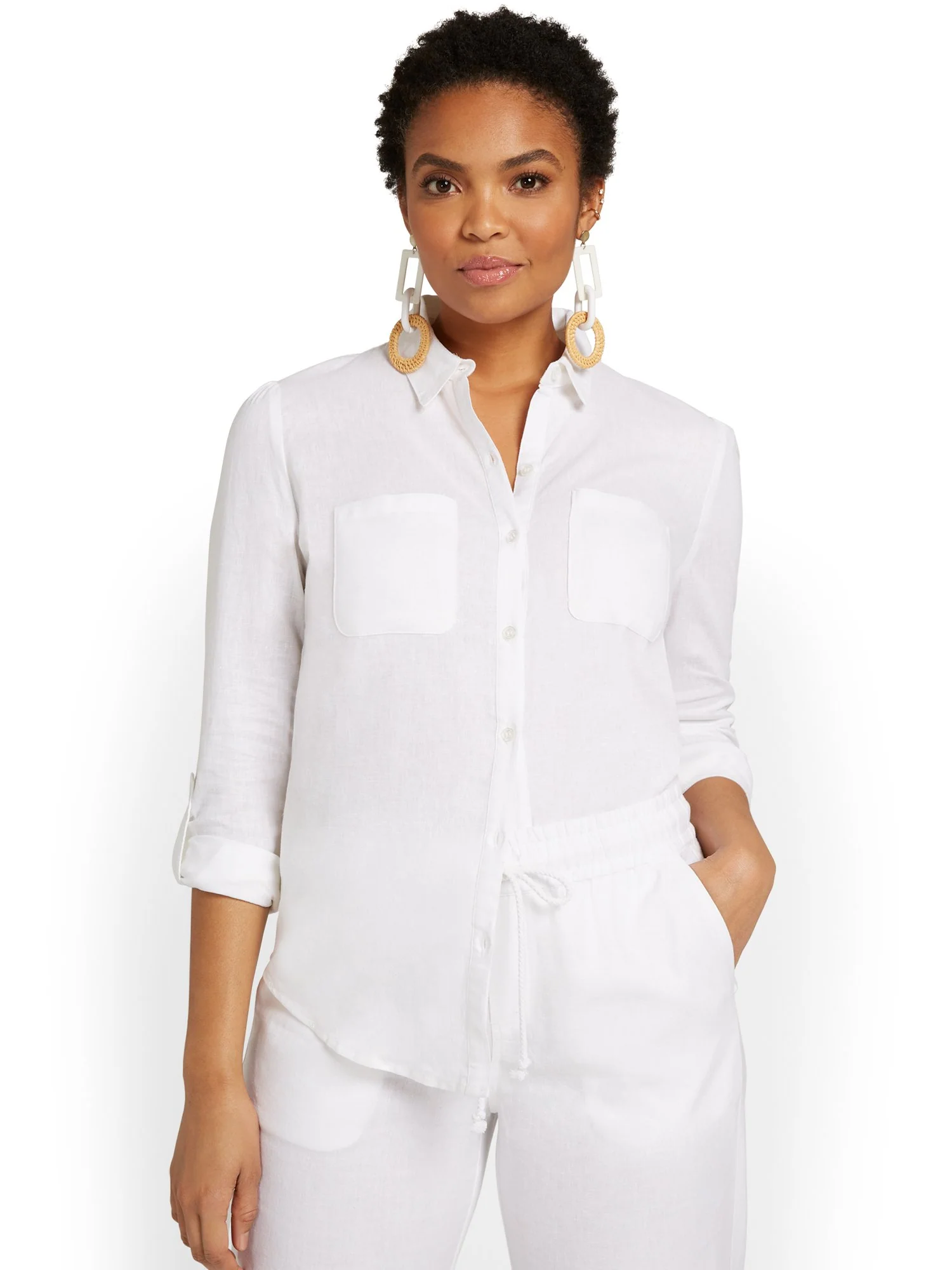 Linen-Blend Button-Front Top - Image 2