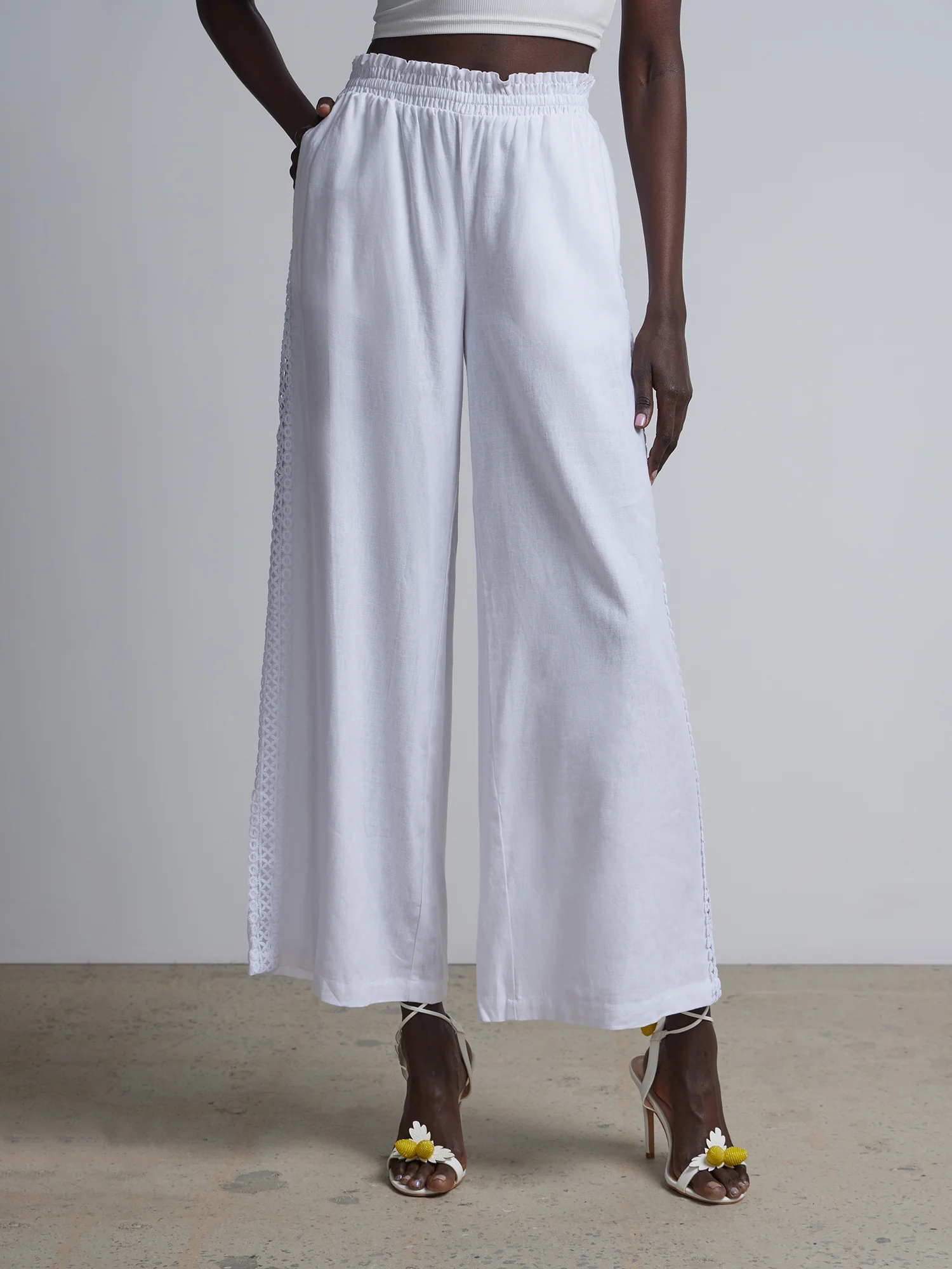Linen-Blend Crochet-Trim Wide-Leg Pant