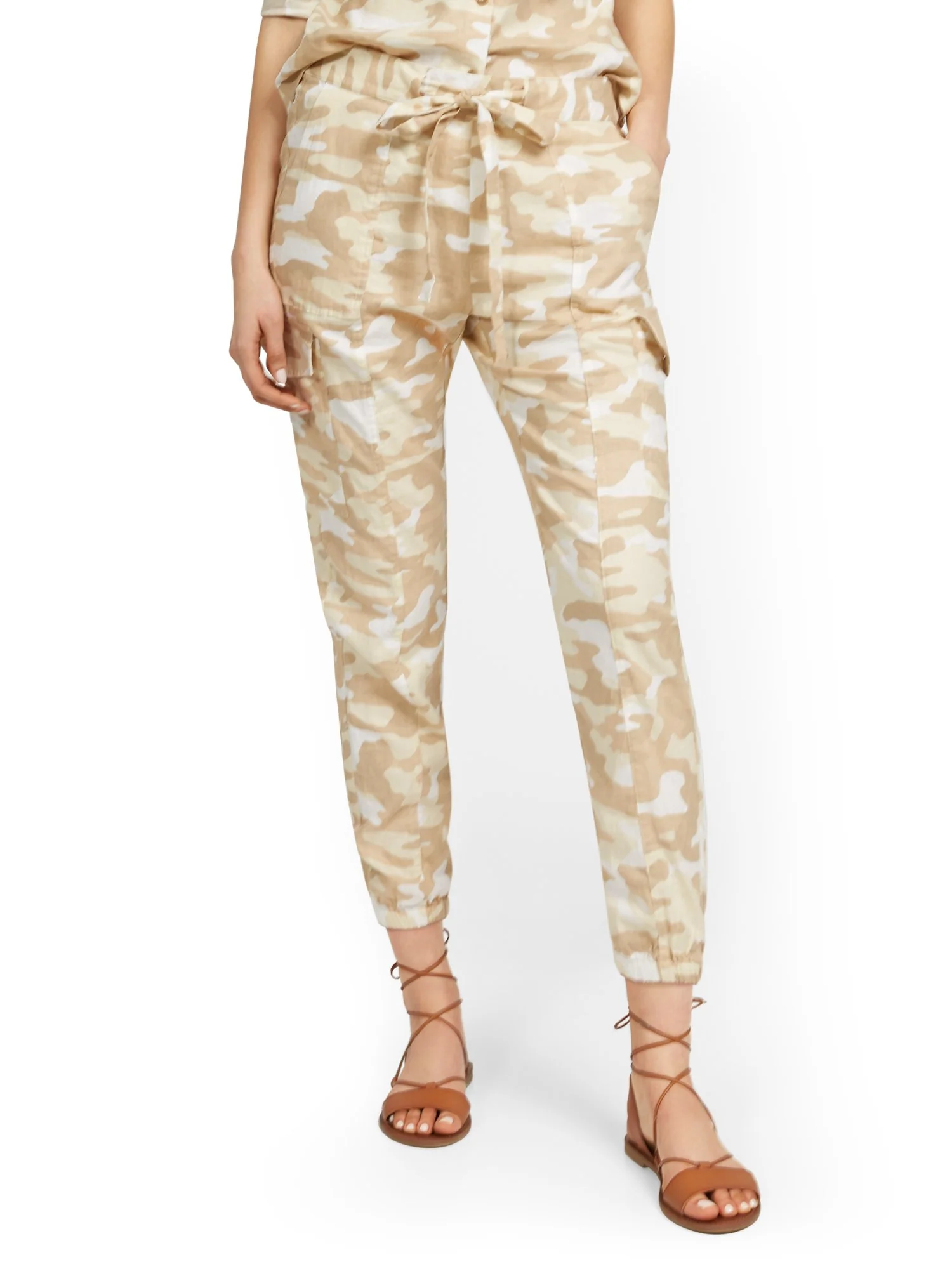 Linen-Blend High-Waisted Cargo Jogger Pant - Camo-Print