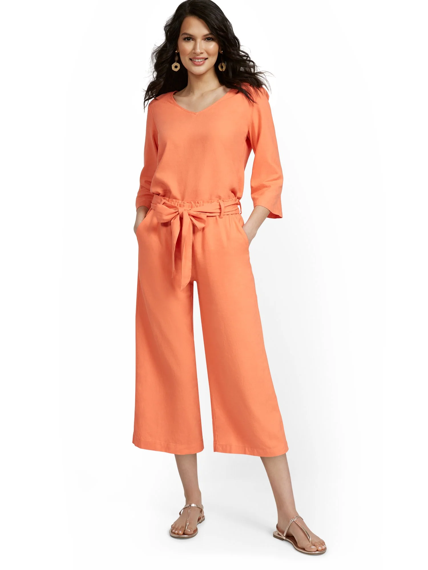 Linen-Blend High-Waisted Paperbag Wide-Leg Capri Pant - Image 3