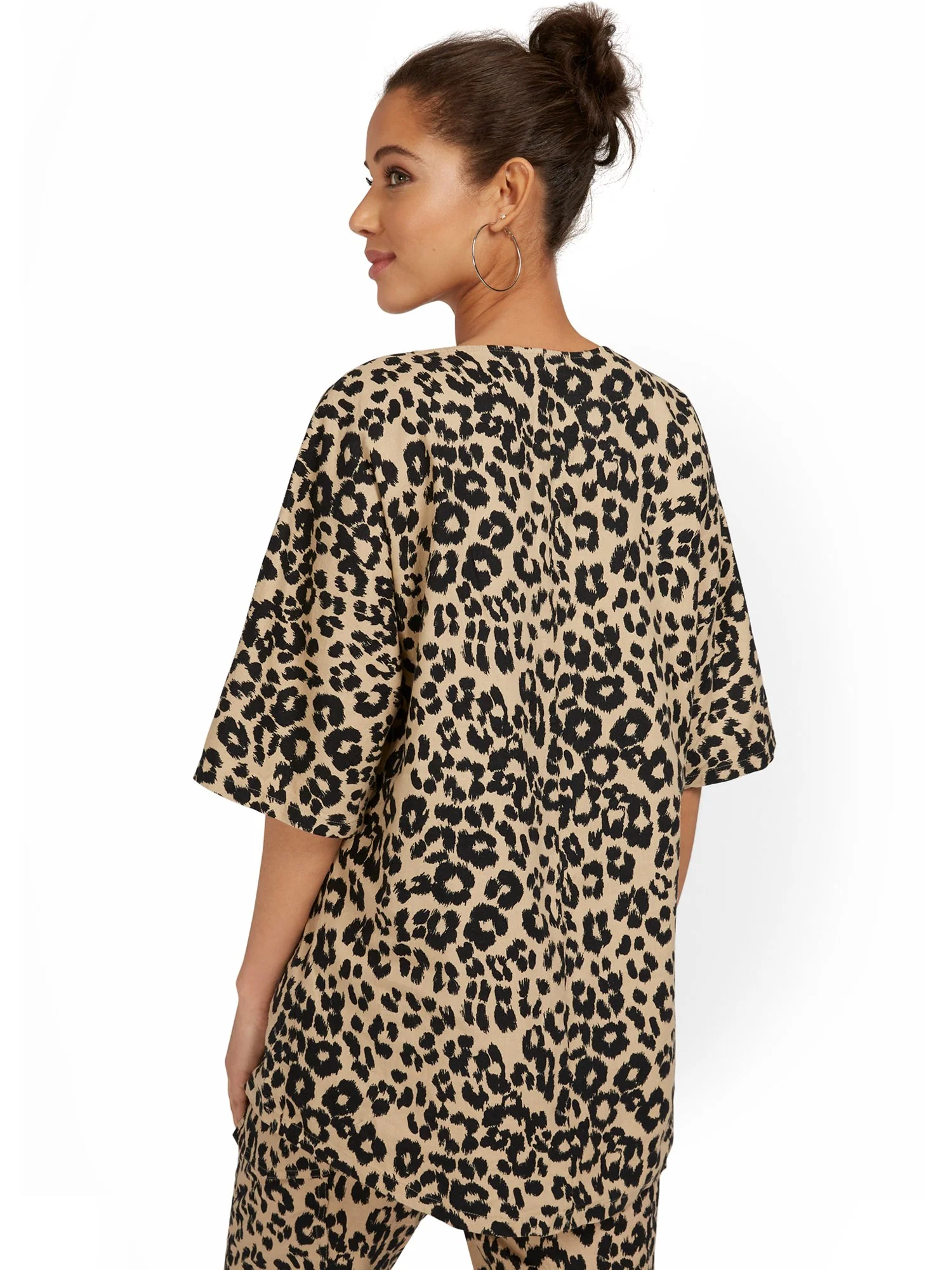 Linen-Blend Leopard-Print Overlap Tunic Top - Image 3