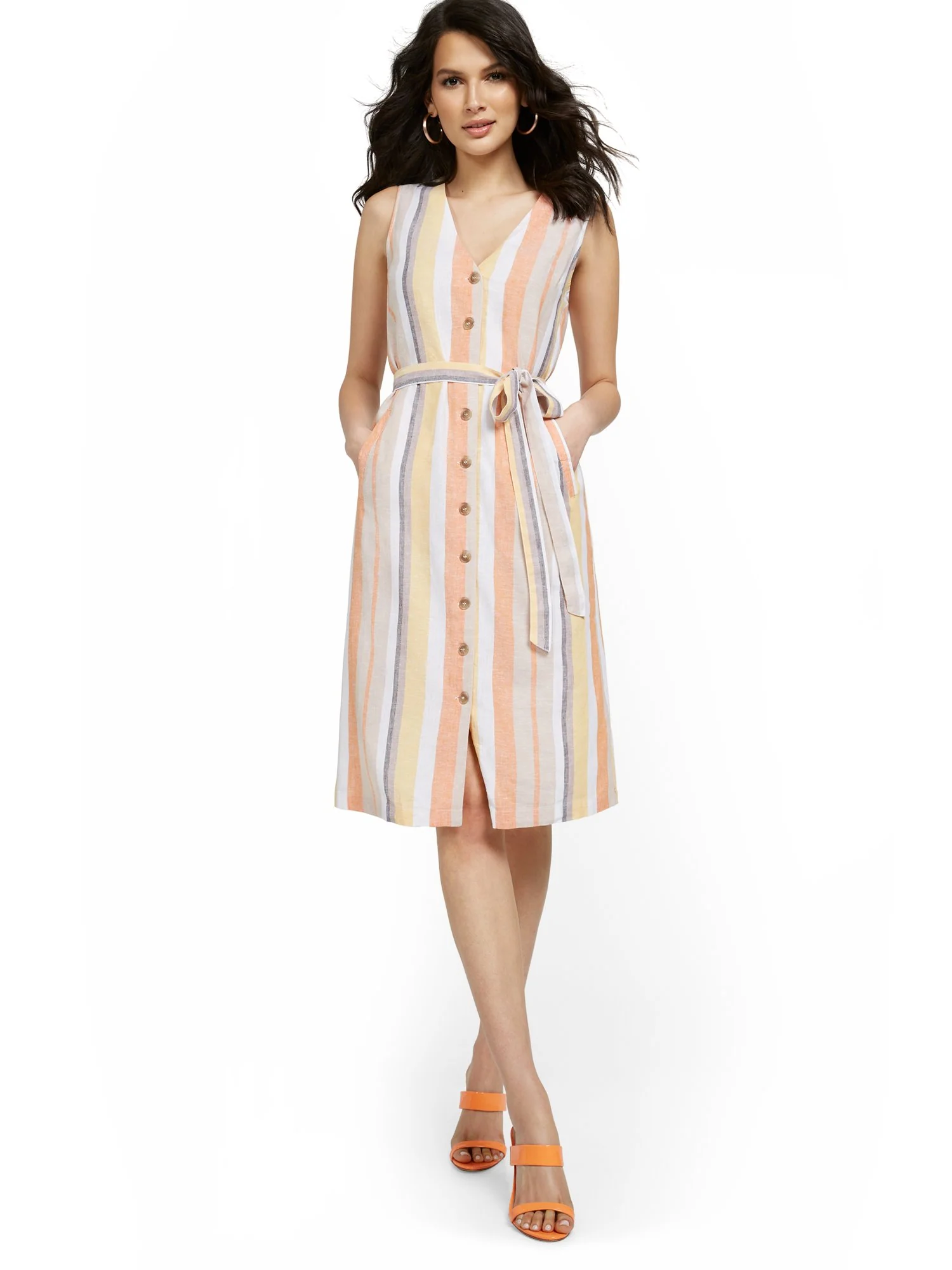 Linen-Blend Multistripe Button-Front Sleeveless V-Neck Tank Dress - Image 2