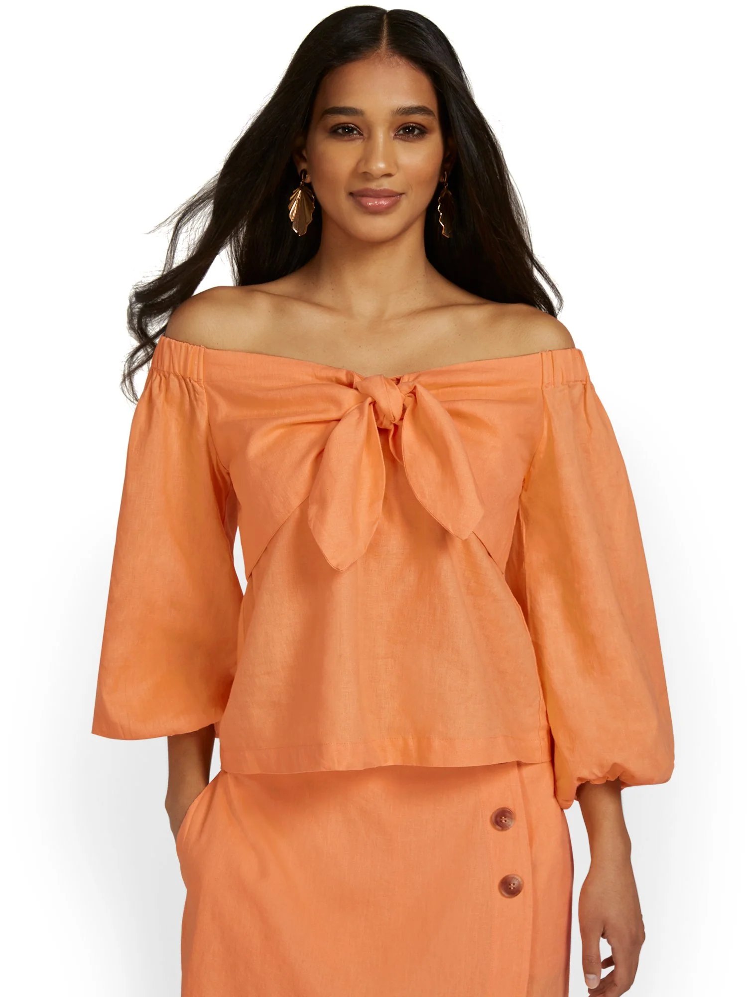 Linen-Blend Off-The-Shoulder Bow-Front Top