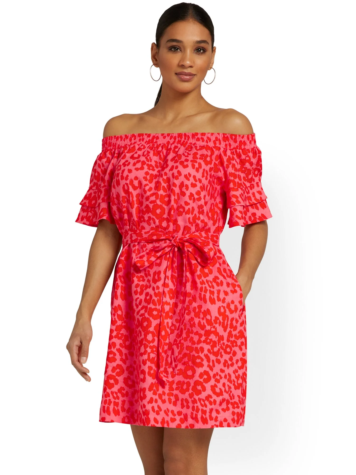 Linen-Blend Off-The-Shoulder Dress - Leopard-Print - Image 2