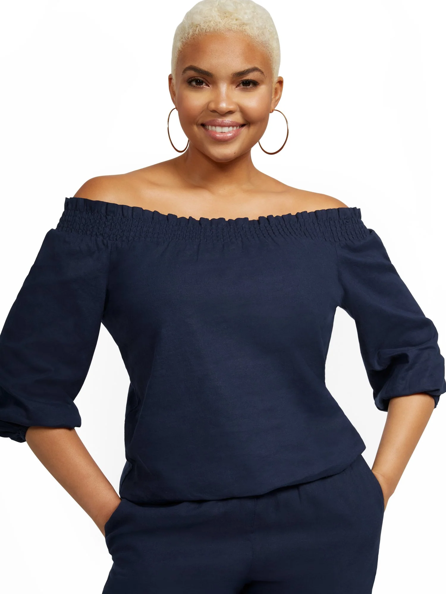 Linen-Blend Off-The-Shoulder Smocked Top - Image 2